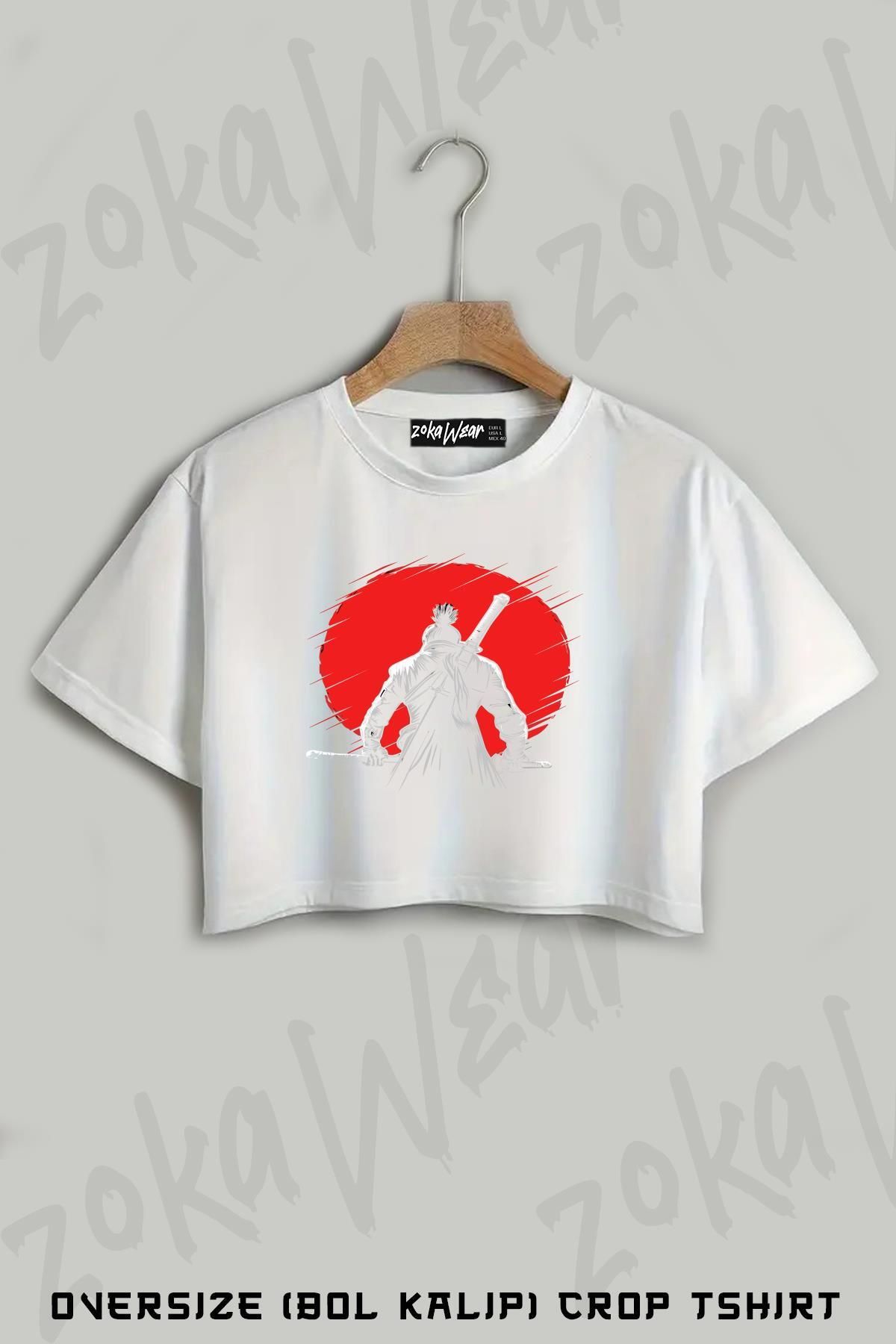 ZOKAWEAR One armed Wolf Red Sun 2 Baskılı Oversize Crop T-Shirt
