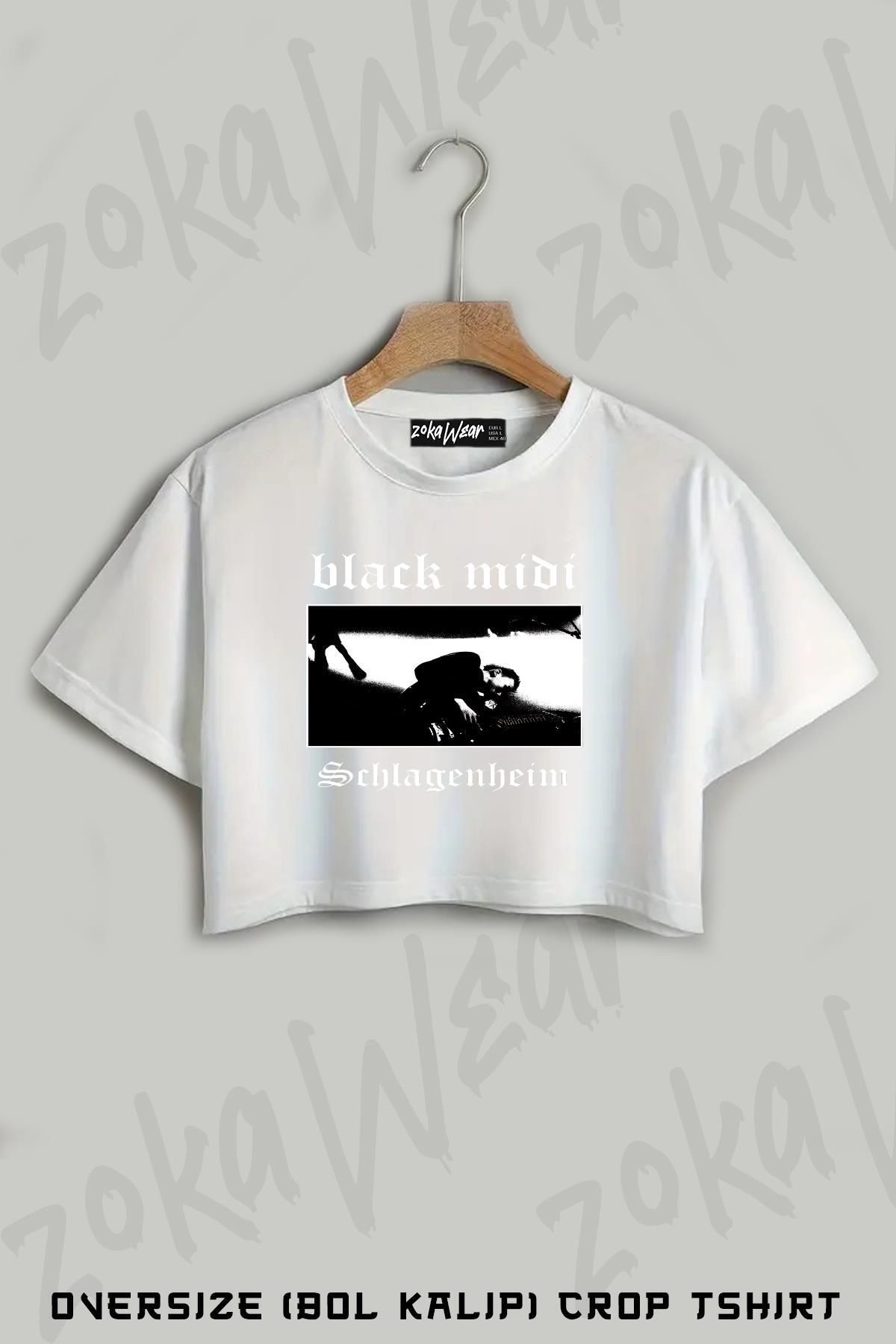 ZOKAWEAR Black Midi Schlagenheim Metal Baskılı Oversize Crop T-Shirt