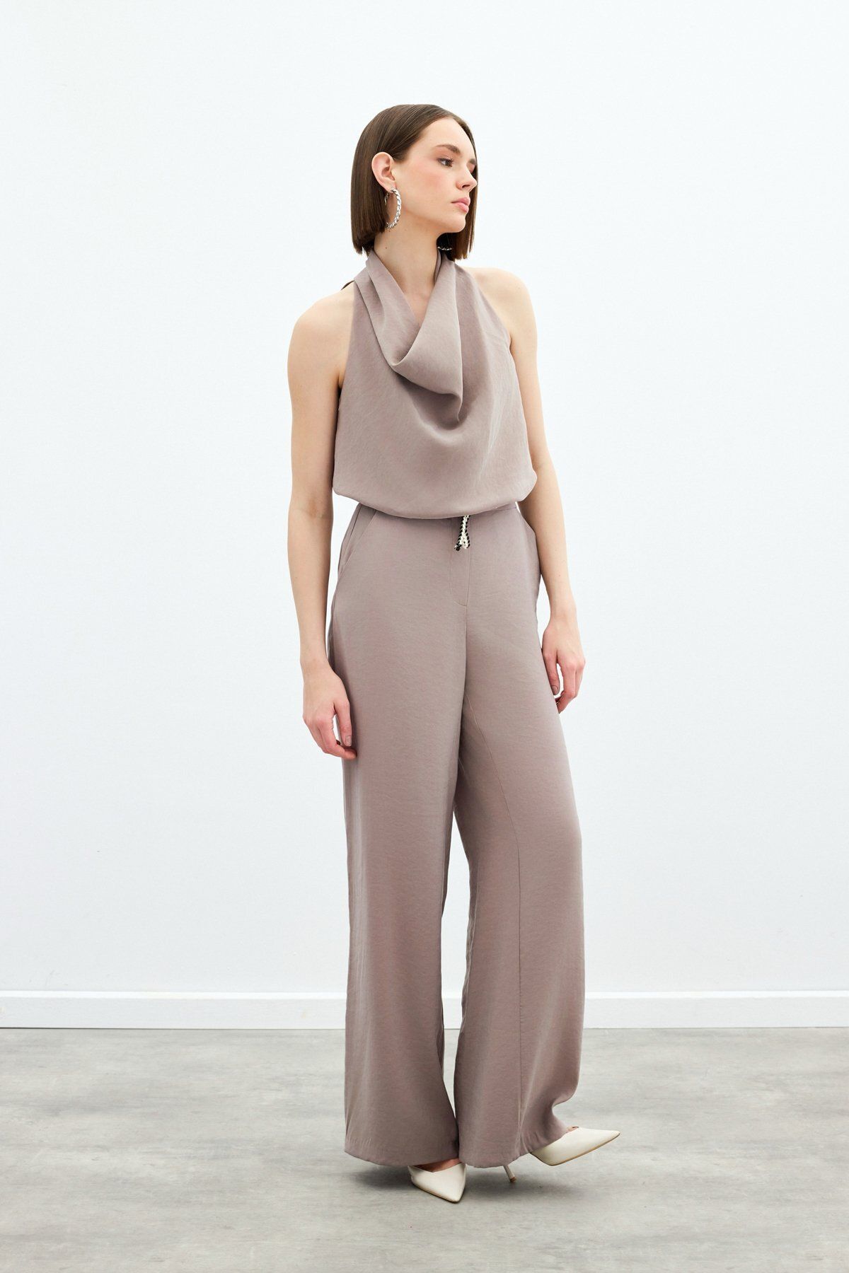 Sateen Örgü Kemerli Pantolon - Vizon