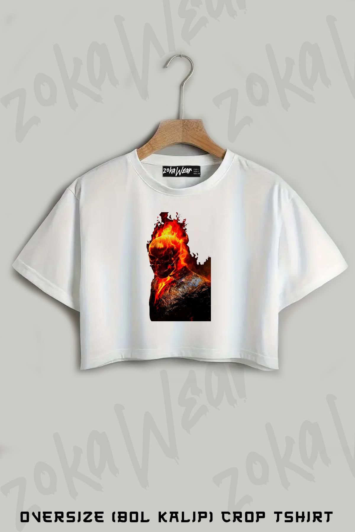ZOKAWEAR Ghost Rider Hayalet Sürücü Baskılı Oversize Crop T-Shirt