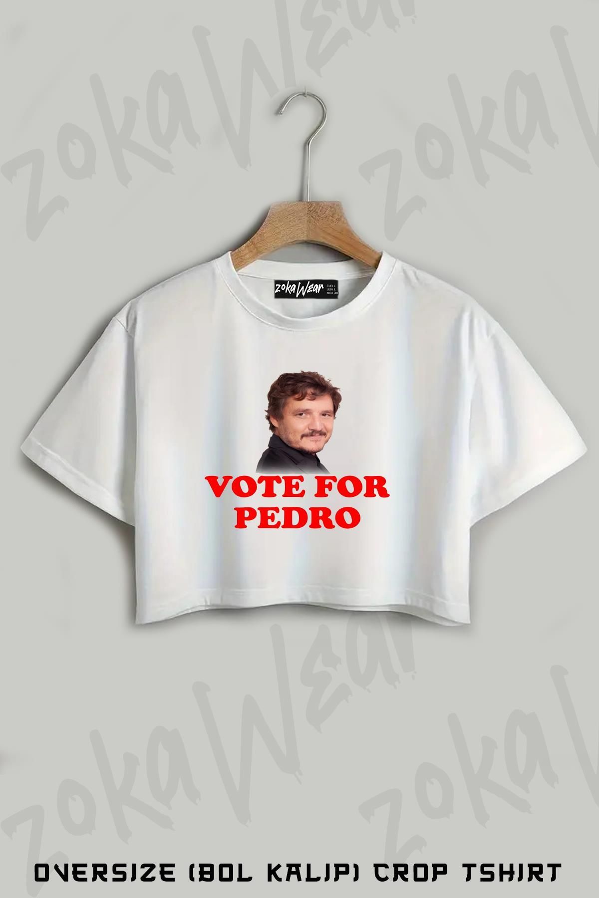 ZOKAWEAR Vote For Pedro Pascal Baskılı Oversize Crop T-Shirt