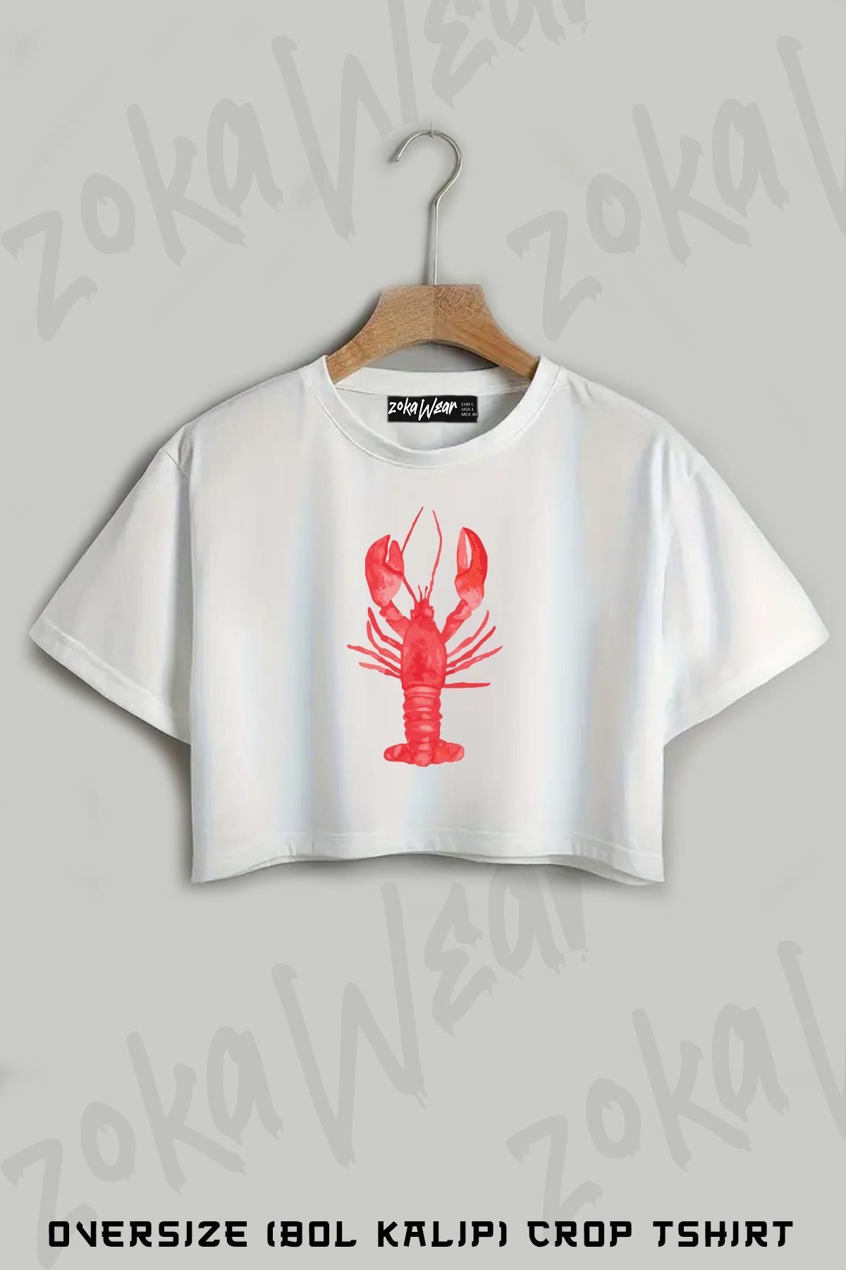 ZOKAWEAR Watercolor Lobster Baskılı Oversize Crop T-Shirt