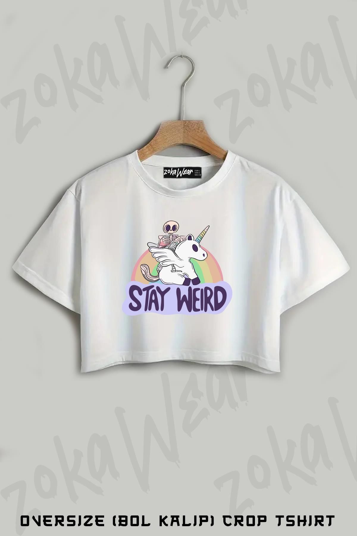 ZOKAWEAR Stay Weird And Ride A Unicorn Baskılı Oversize Crop T-Shirt