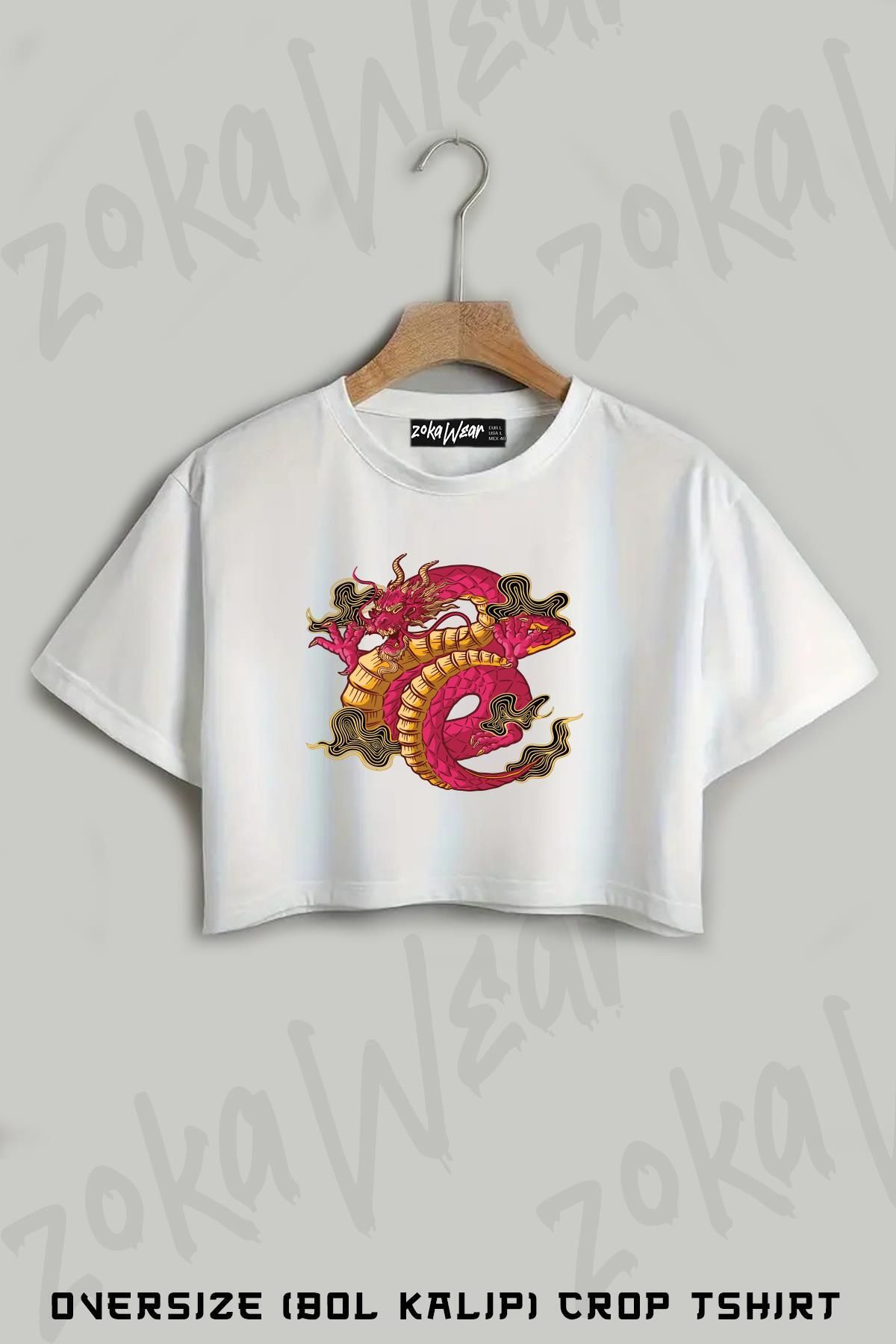 ZOKAWEAR Japon Dragon Baskılı Oversize Crop T-Shirt