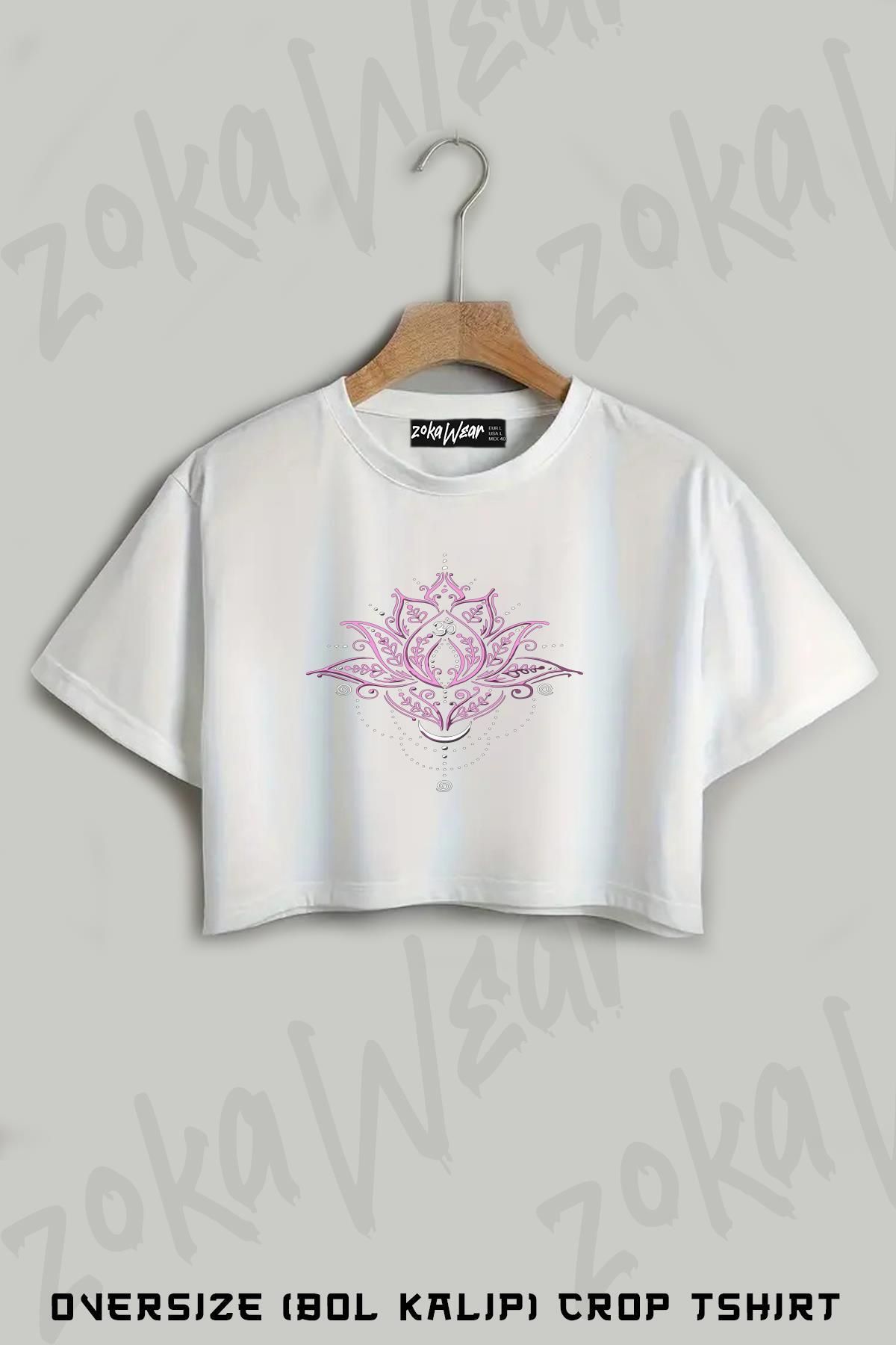 ZOKAWEAR Lotus With Moon And Om Symbol. Yoga. Baskılı Oversize Crop T-Shirt
