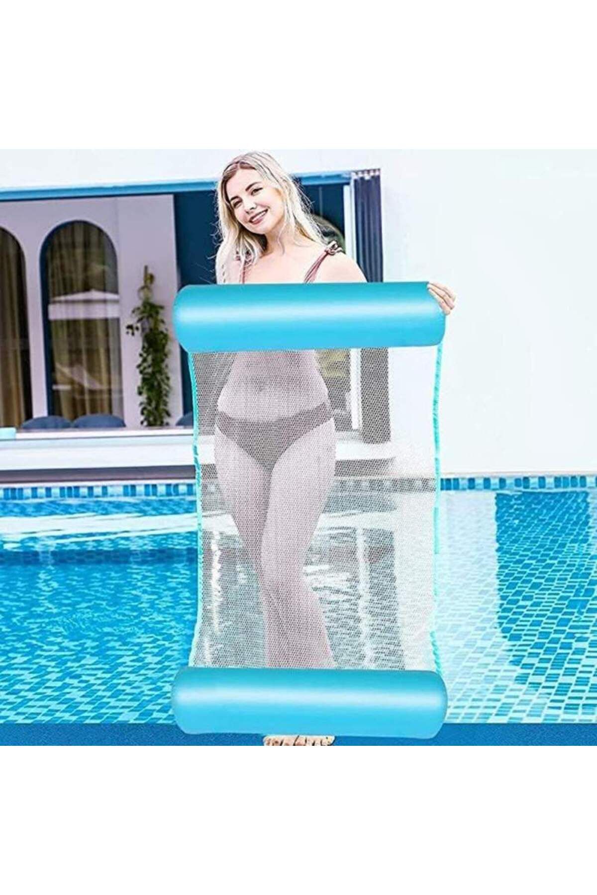 SIKS-Inflatable Hammock For Pool, Large, With Net, Pvc Nylon, 110 X 80 Cm, Blue - White 3