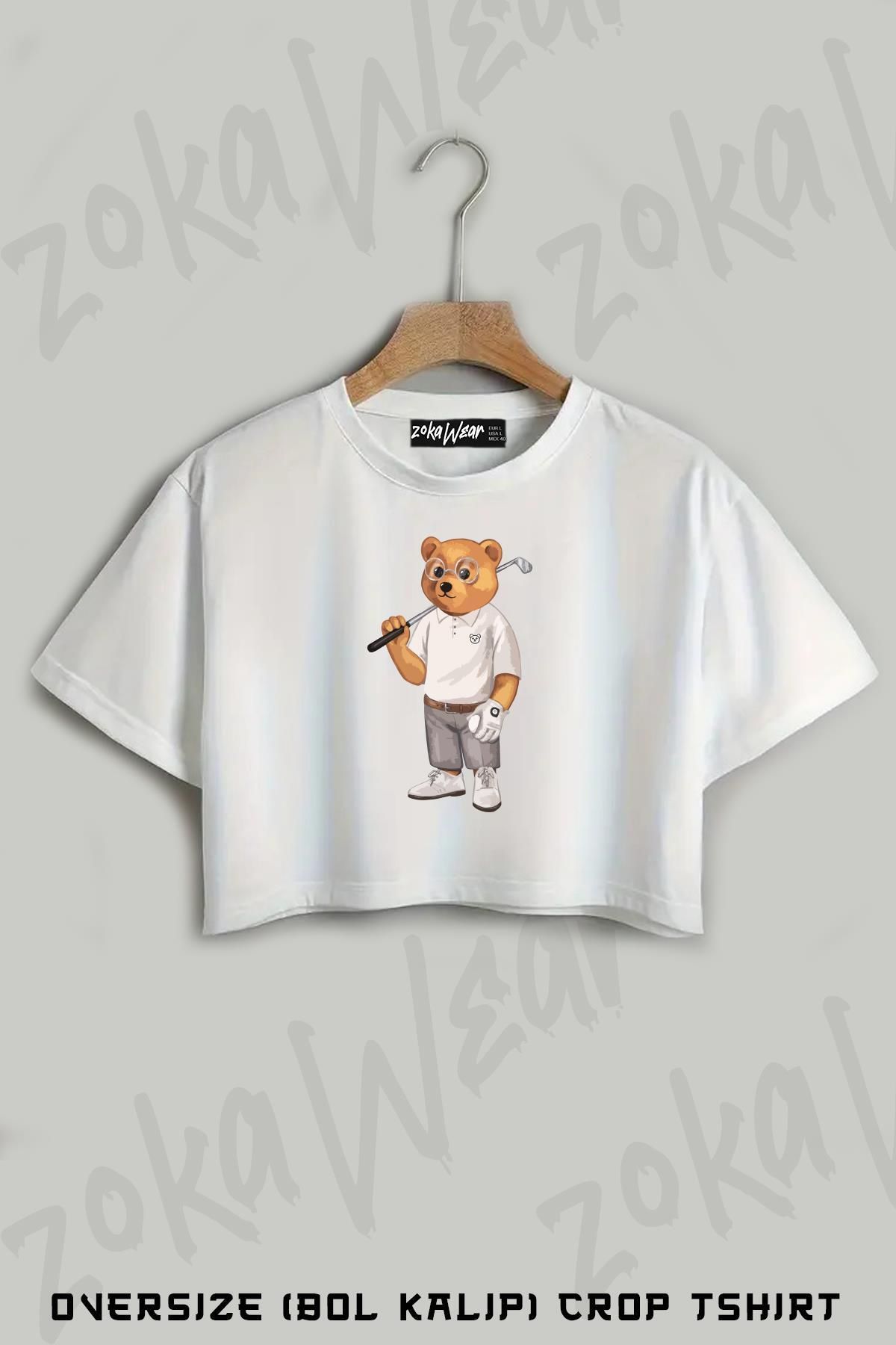 ZOKAWEAR Golf Spor Ayı Teddy Bear Baskılı Oversize Crop T-Shirt