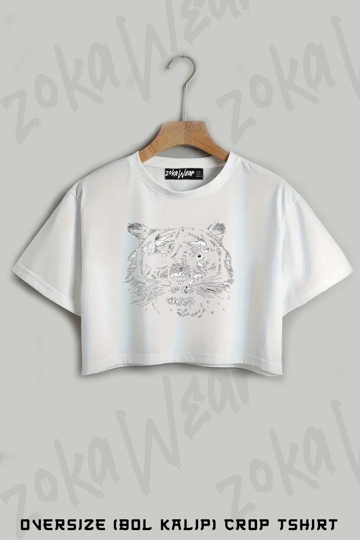 ZOKAWEAR Tek Gözlü Kaplan Baskılı Oversize Crop T-Shirt