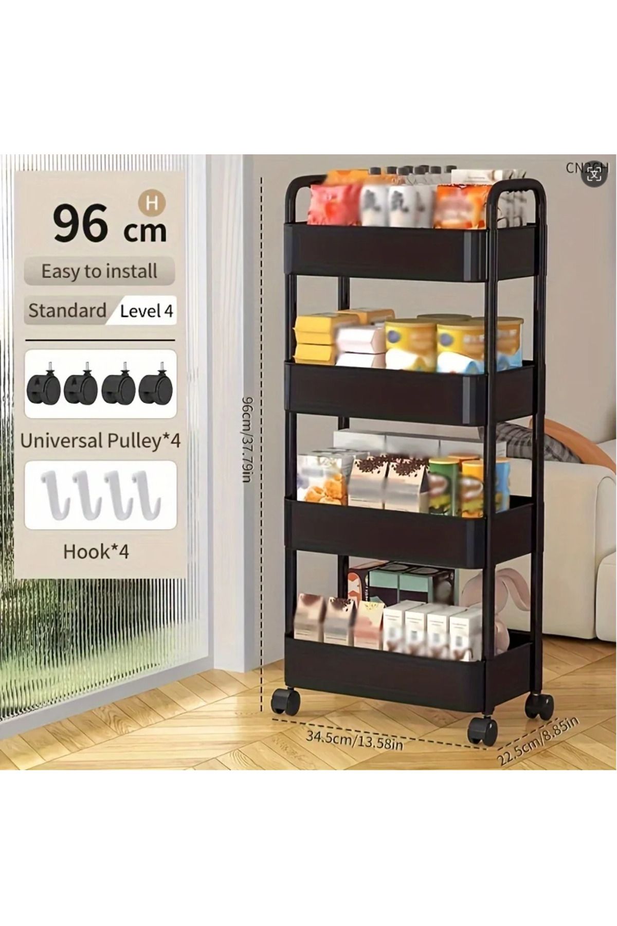 Choice-Black 4-layer 1 PC 3-Layer Rolling Plastic Storage Cart with Armrests - Space-Efficient Multi-Room O 1