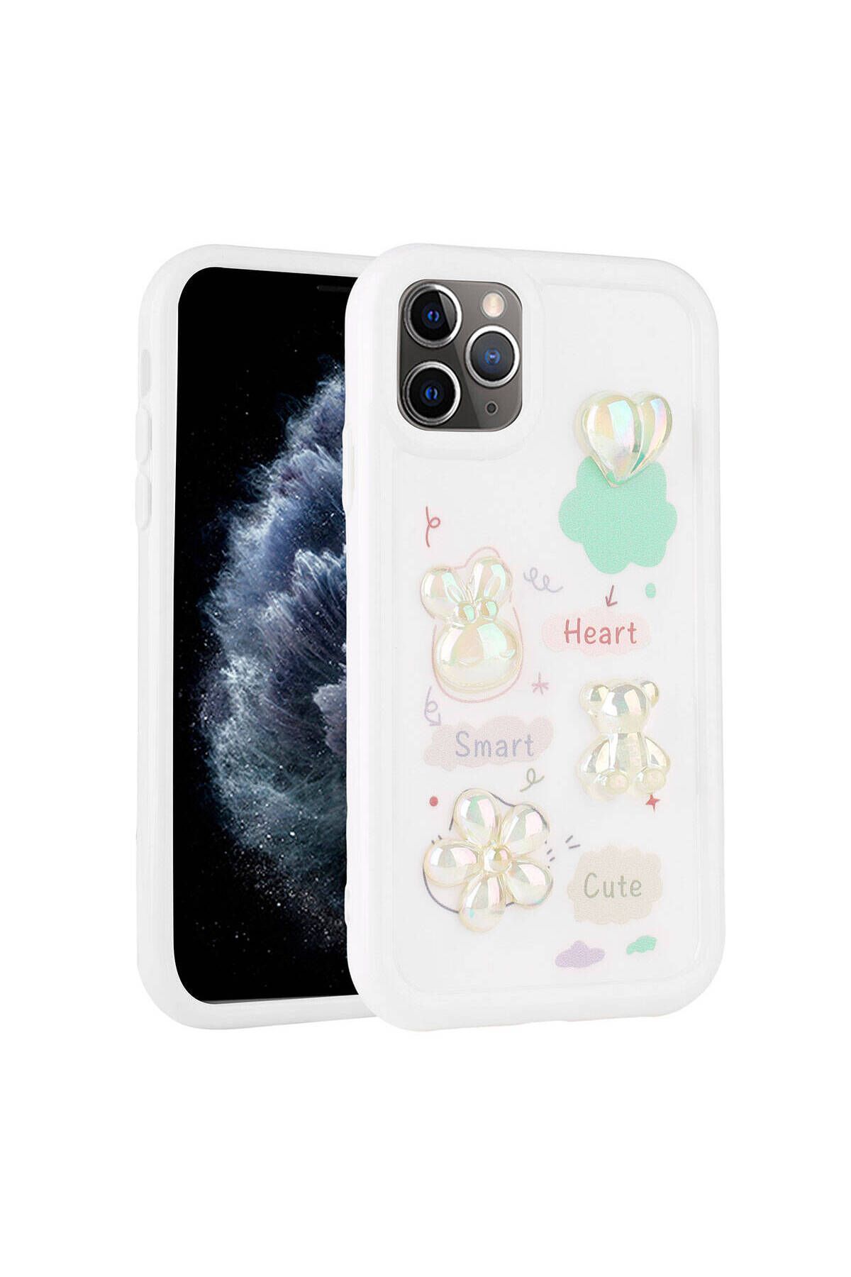Strap U Apple iPhone 11 Pro Max Kılıf Kalp&Çiçek&Fiyonk&Ayıcık Kabartma Figürlü Parlak Toys Silikon Kapak