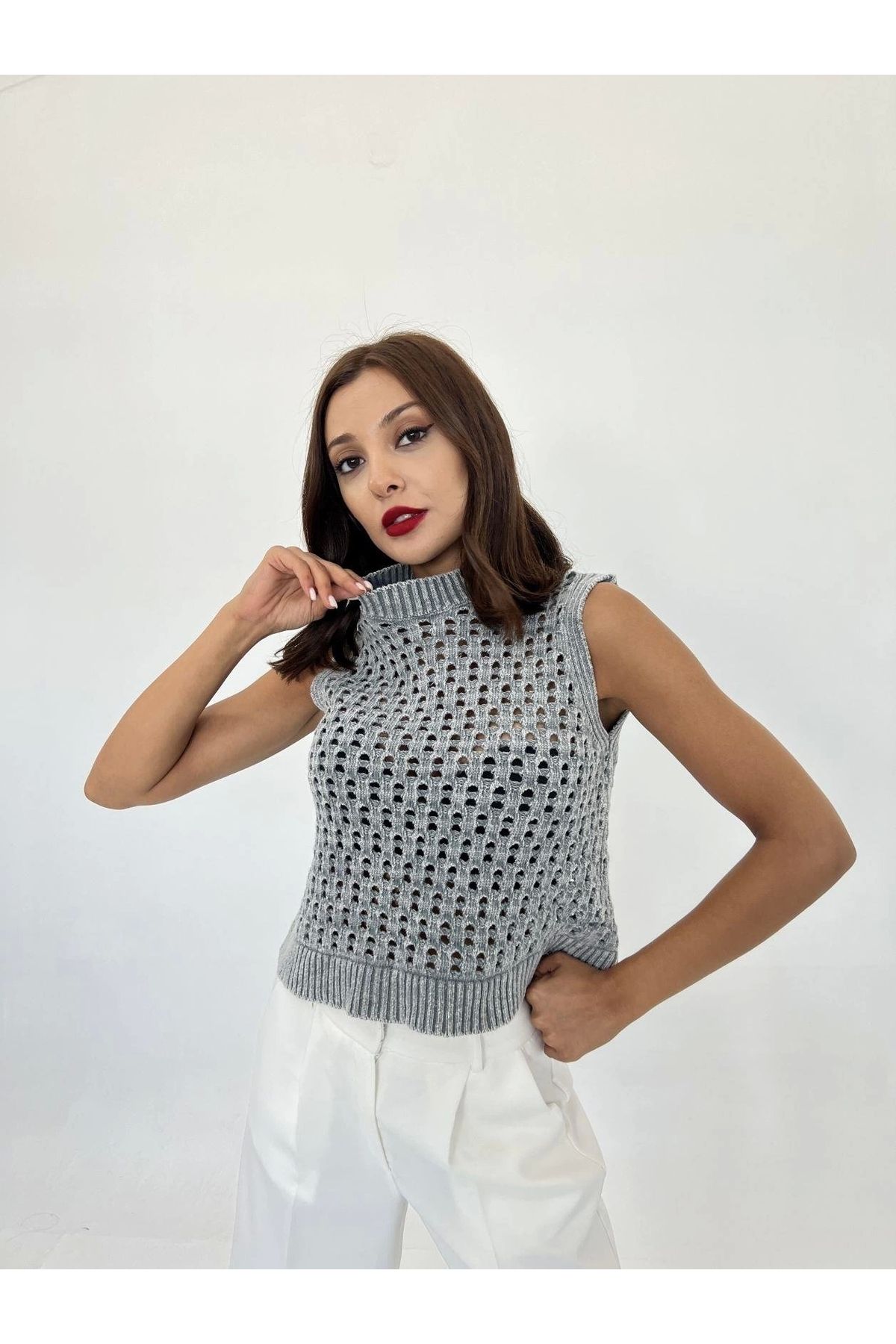 Butik 43021 TRİKO FİLE SÜVETER-GRİ