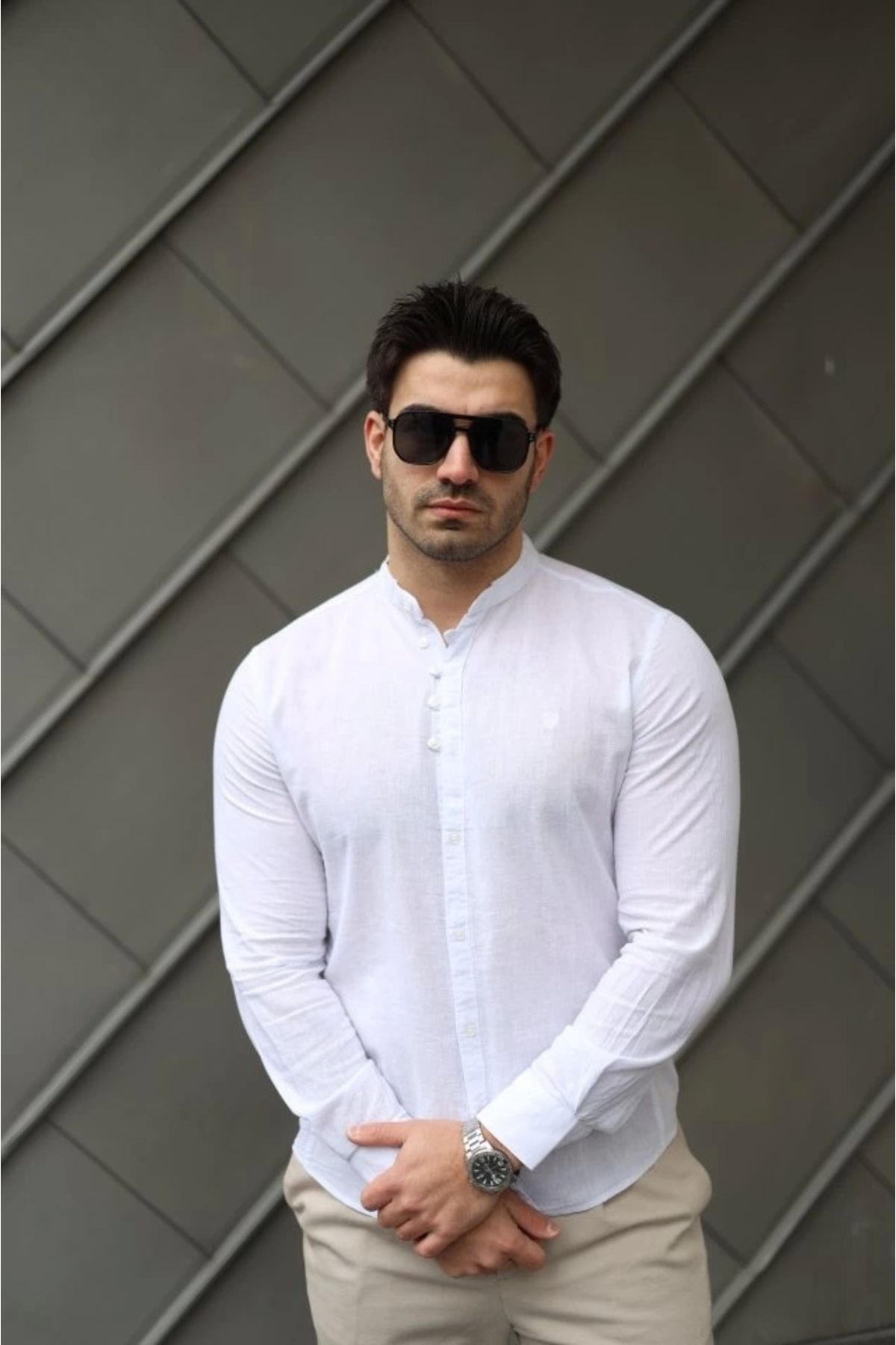 Butik Erkek Pamuklu Keten Kumaş Hakim Yaka Gömlek