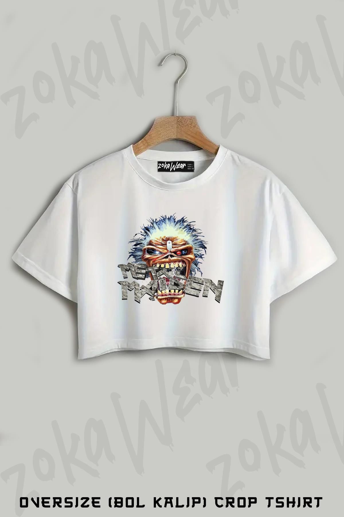 ZOKAWEAR Eat Iron Maiden Baskılı Oversize Crop T-Shirt
