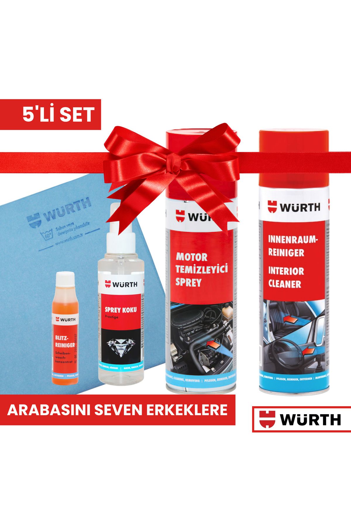 Würth 5'li Oto Bakım Temizlik Seti – Bez + Koku (3 Farklı Seçenek) Arabasını Seven Erkeklere Hediye