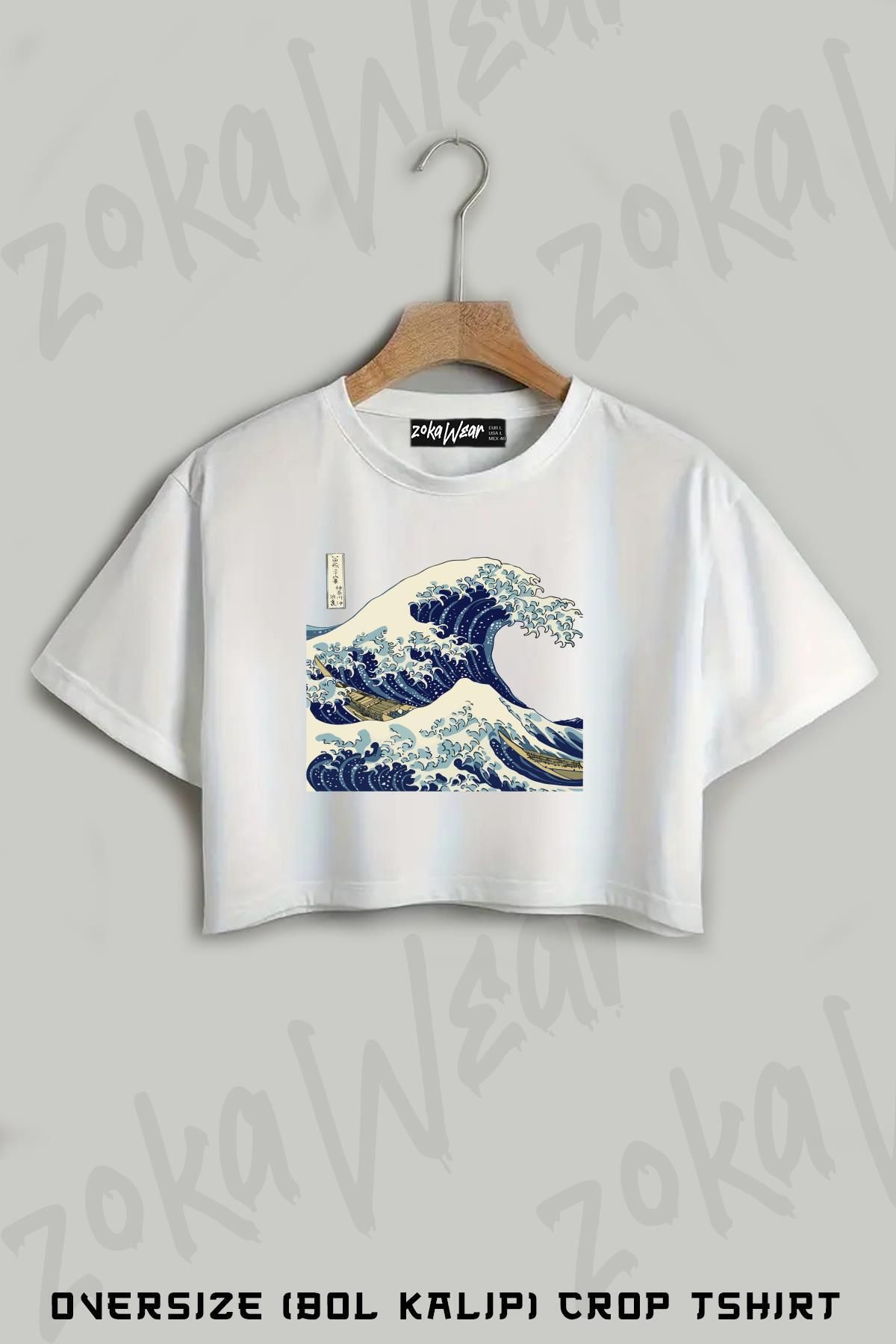 ZOKAWEAR The Great Wave Off Kanagawa Transparent Baskılı Oversize Crop T-Shirt