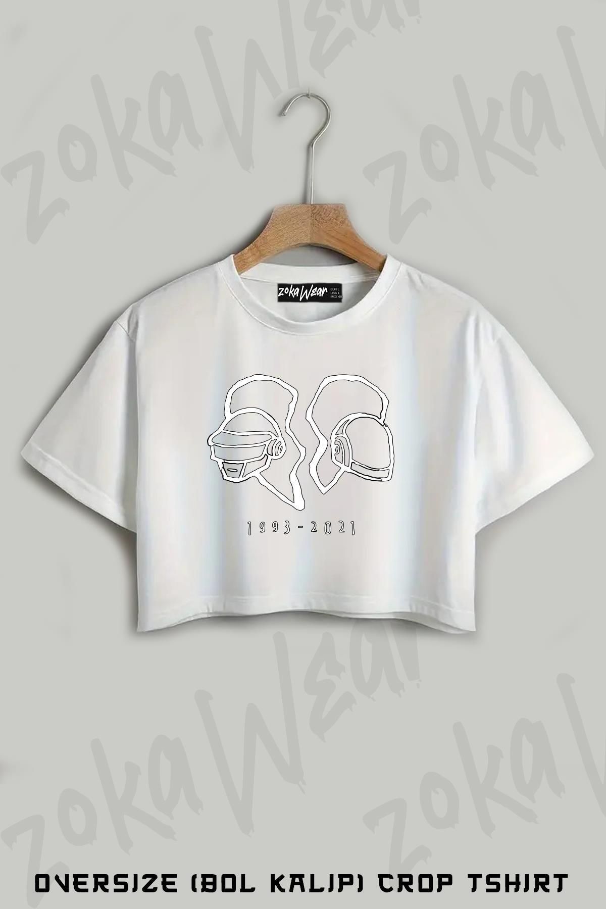 ZOKAWEAR Daft Punk v2 Baskılı Oversize Crop T-Shirt