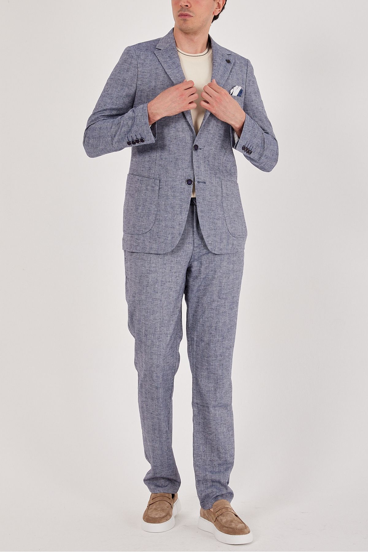 ACTUAL Slim Fit Keten Karışımlı Mono Yaka Torba Cep Takım Elbise 4071 Lacivert