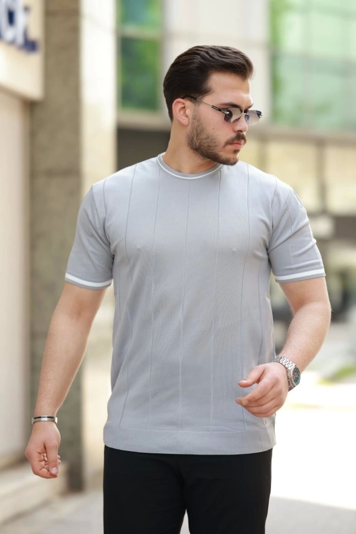 Butik Erkek Bisiklet Yaka çizgi Desenli Ribanalı Kısa Kollu Tshirt