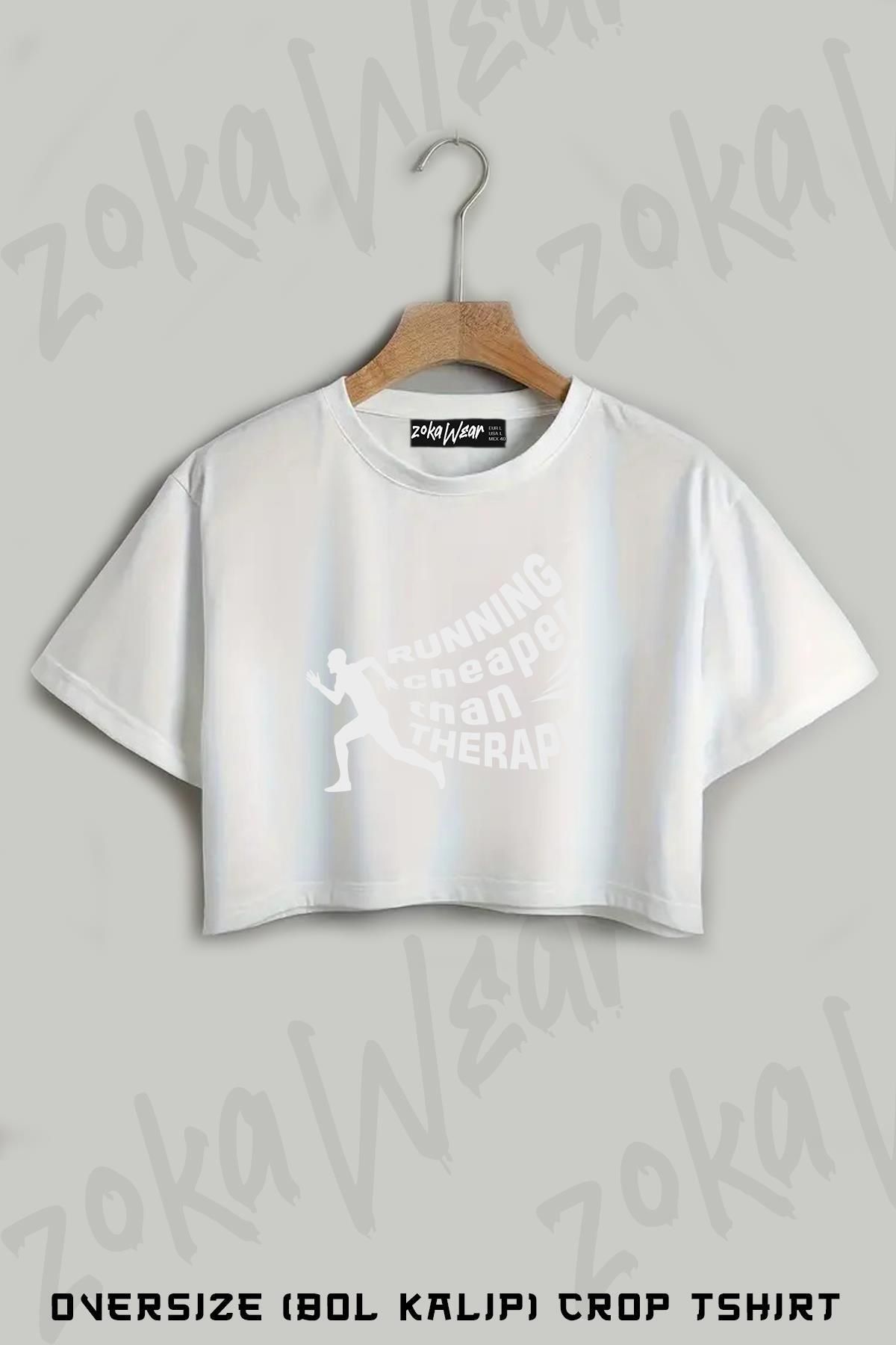 ZOKAWEAR Koşu Running therapy Baskılı Oversize Crop T-Shirt