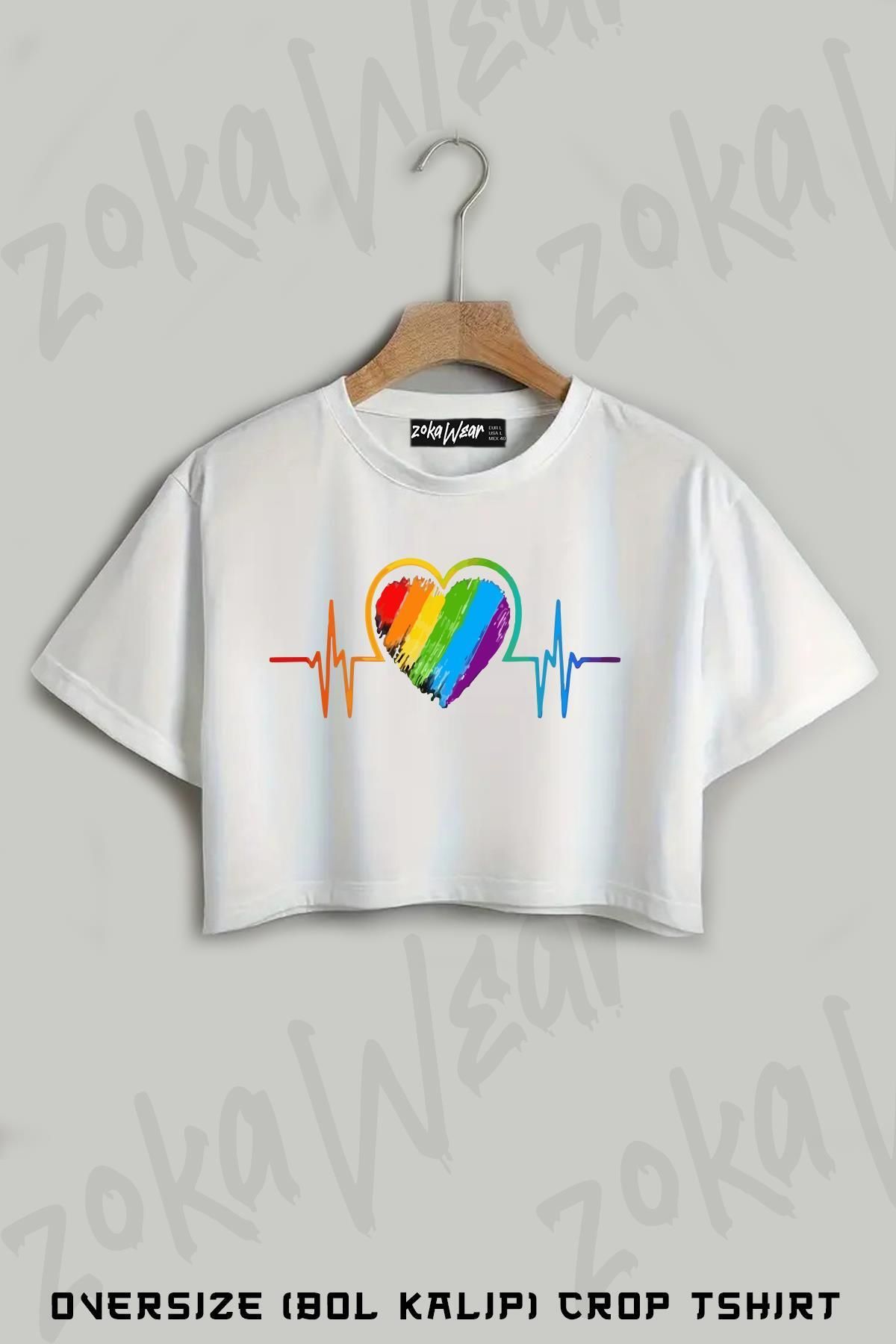 ZOKAWEAR Gökkuşağı Nabız Renkli Kalp Baskılı Oversize Crop T-Shirt