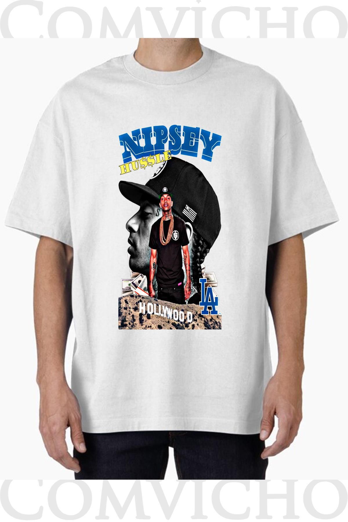COMVİCHO Unisex nıpsey v4 Tasarım Baskılı Oversize Tişört