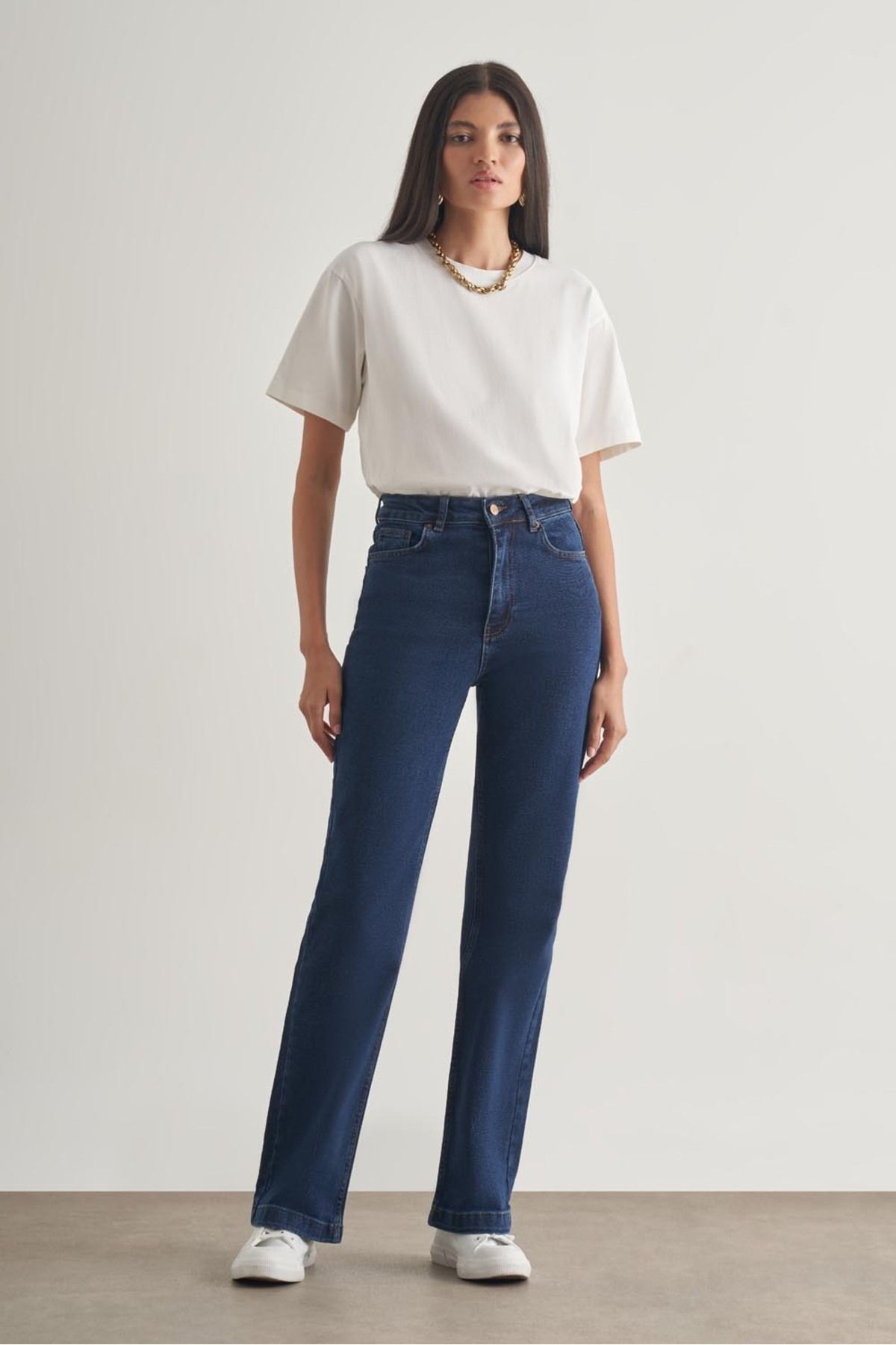 Mizalle Koyu Rins Mizalle Geniş Paça Yüksek Bel Koyu Mavi Denim Pantolon