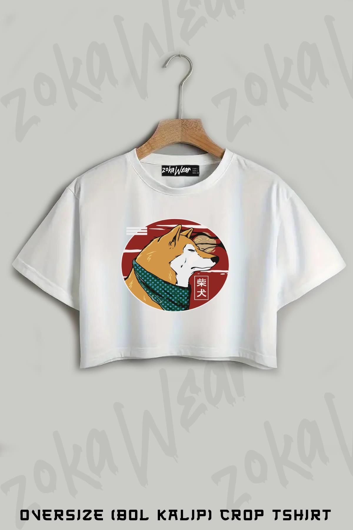 ZOKAWEAR Shiba Inu Japanese Dog With Scarf Baskılı Oversize Crop T-Shirt