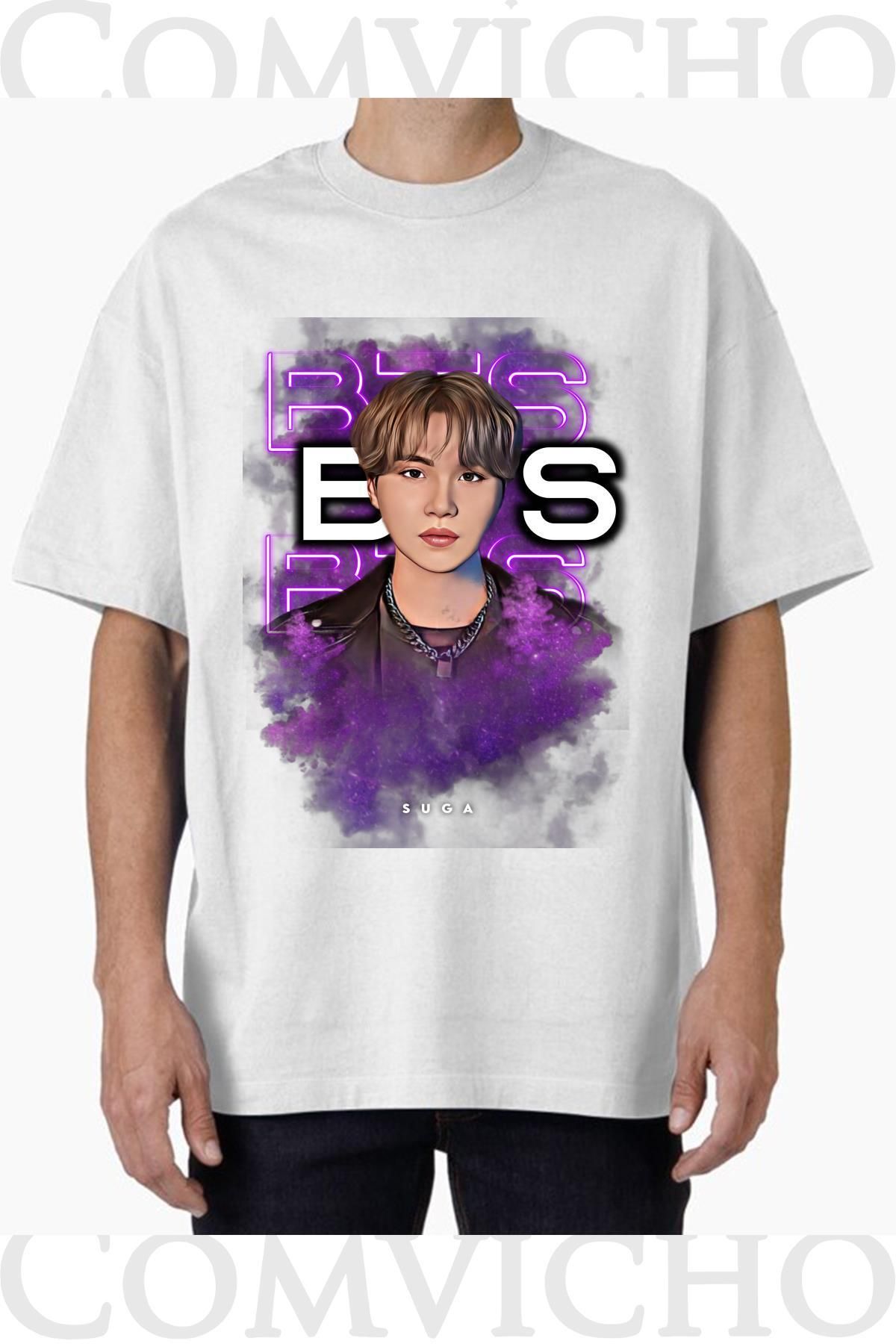 COMVİCHO Unisex bts suga Tasarım Baskılı Oversize Tişört
