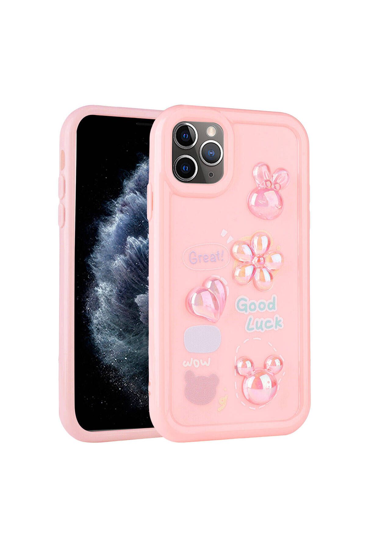 Strap U Apple iPhone 11 Pro Max Kılıf Kalp&Çiçek&Fiyonk&Ayıcık Kabartma Figürlü Parlak Toys Silikon Kapak