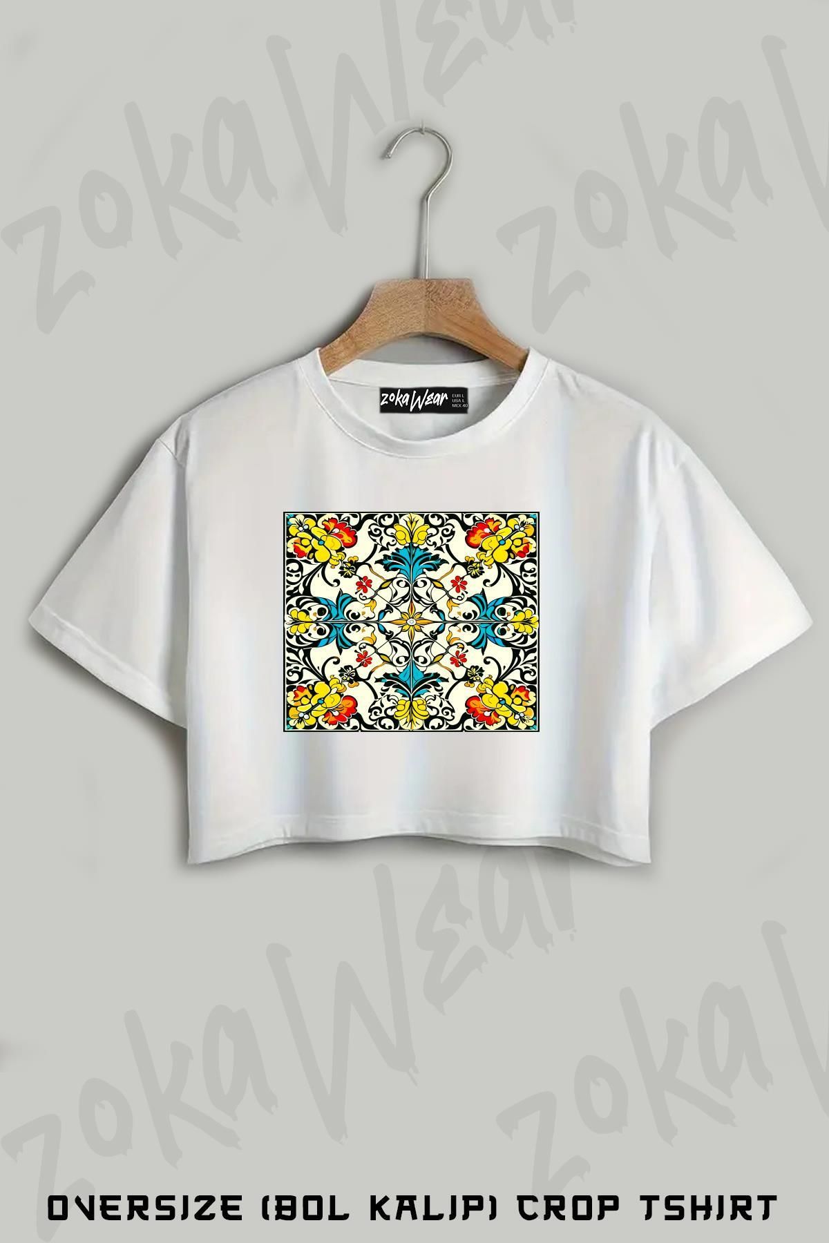 ZOKAWEAR Classic Vintage Sicilian Tile Style Pattern Baskılı Oversize Crop T-Shirt