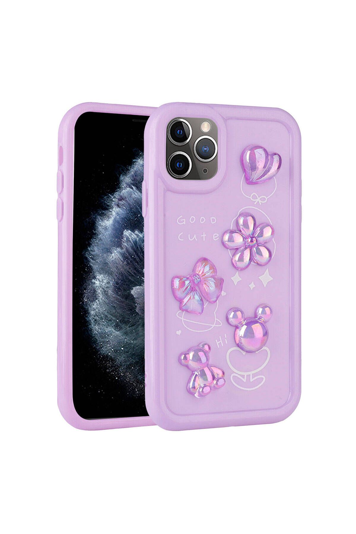 Strap U Apple iPhone 11 Pro Max Kılıf Kalp&Çiçek&Fiyonk&Ayıcık Kabartma Figürlü Parlak Toys Silikon Kapak