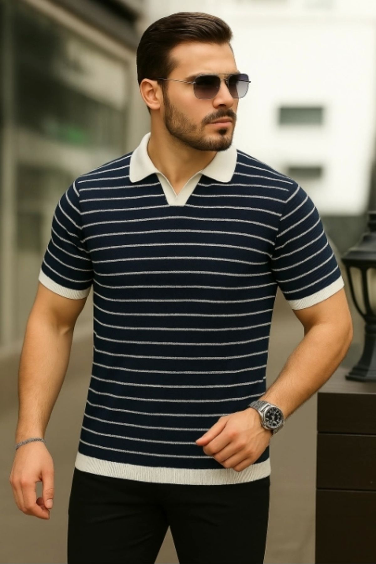 Butik Erkek Kısa Kollu çizgi Desenli örme Kumaş Tshirt