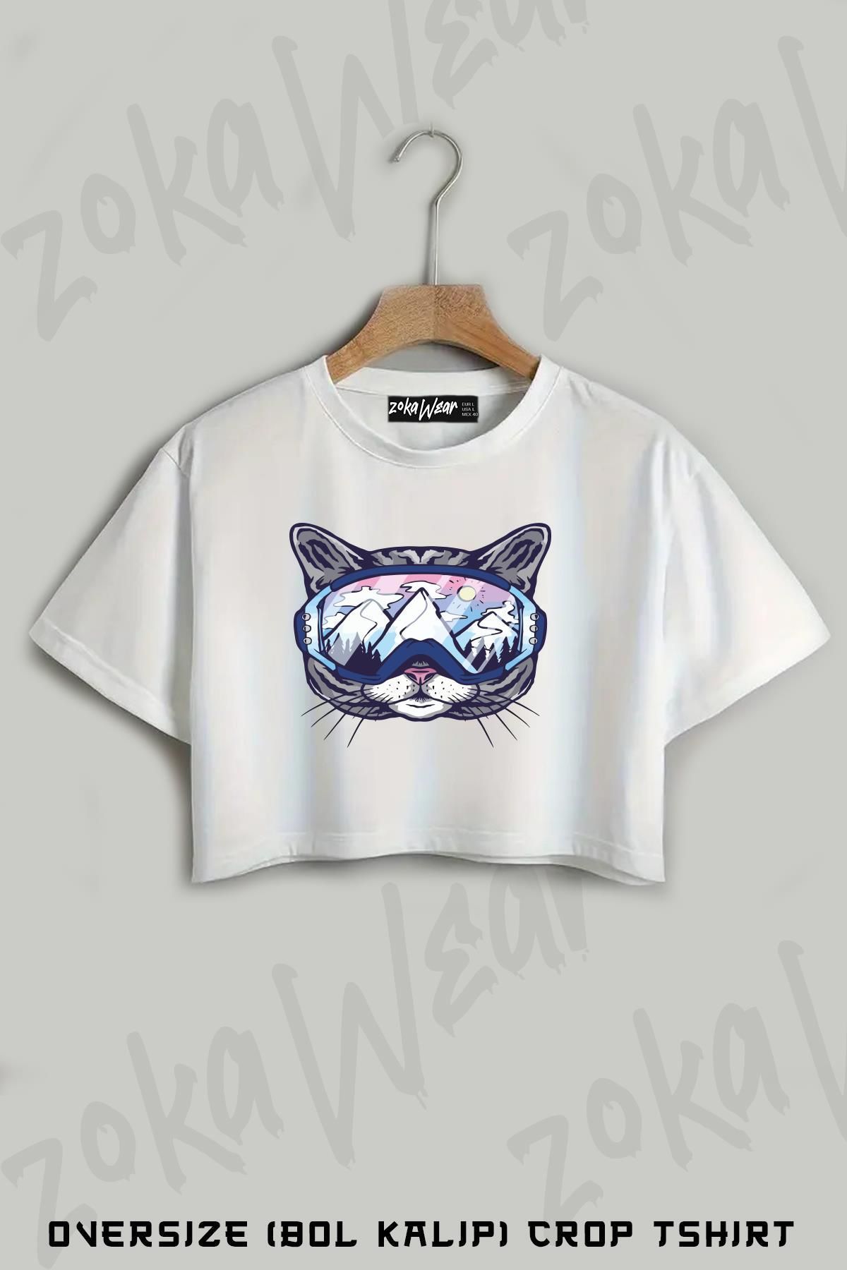 ZOKAWEAR Ski Cat Snowboard Cat Kayak Baskılı Oversize Crop T-Shirt