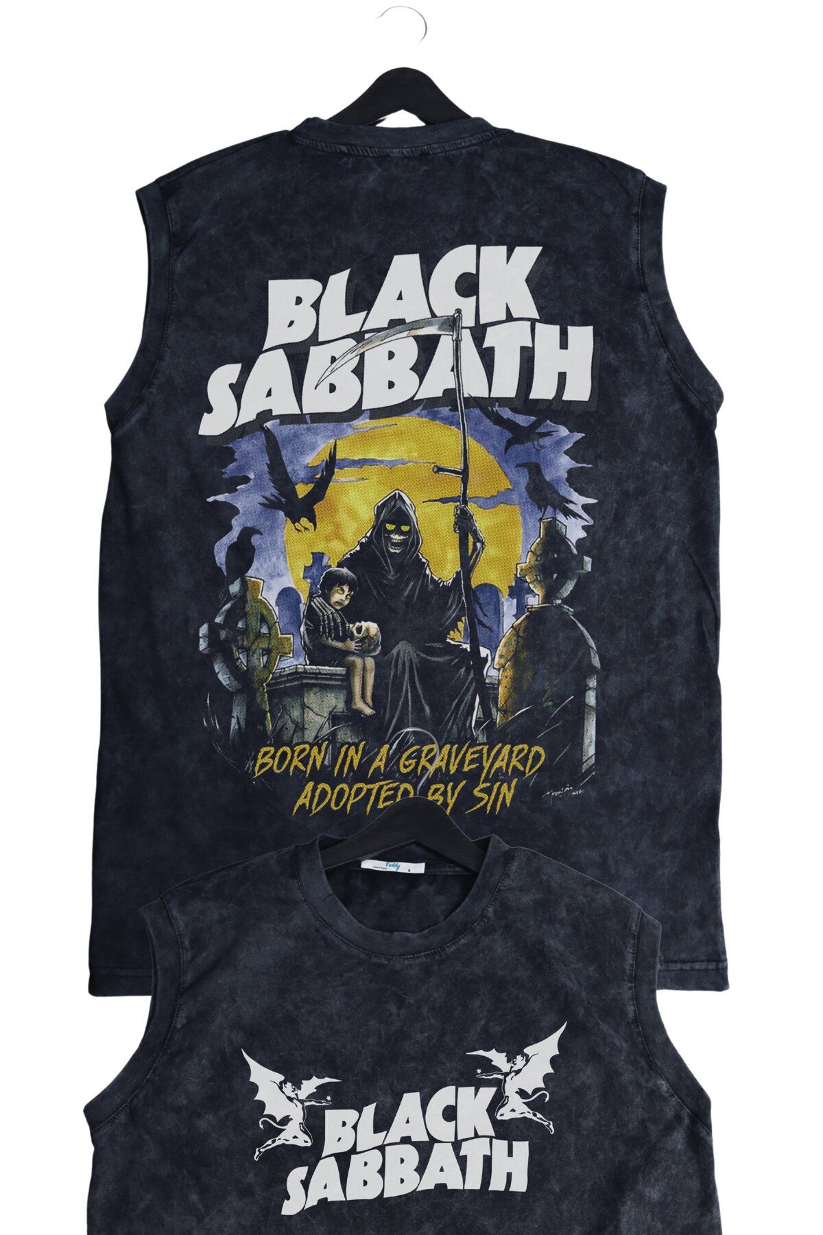 Fuddy Moda Rock Band Black Sabbath Born In Sırt Baskılı Yıkamalı Kolsuz Vintage Tişört