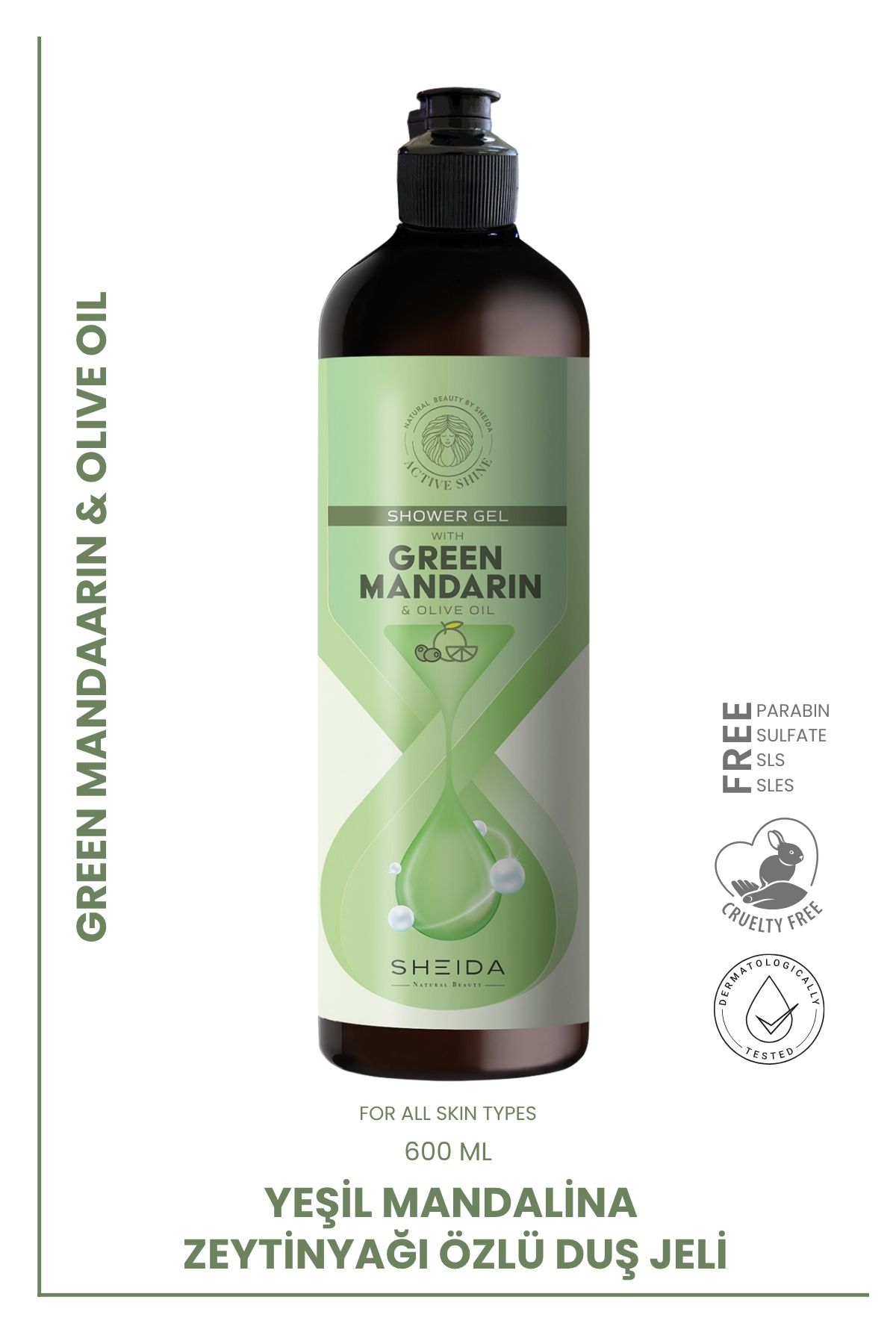 Sheida Active Shine Duş Jeli – Yeşil Mandalina & Zeytinyağı Özlü – 600 ml Dev Boy