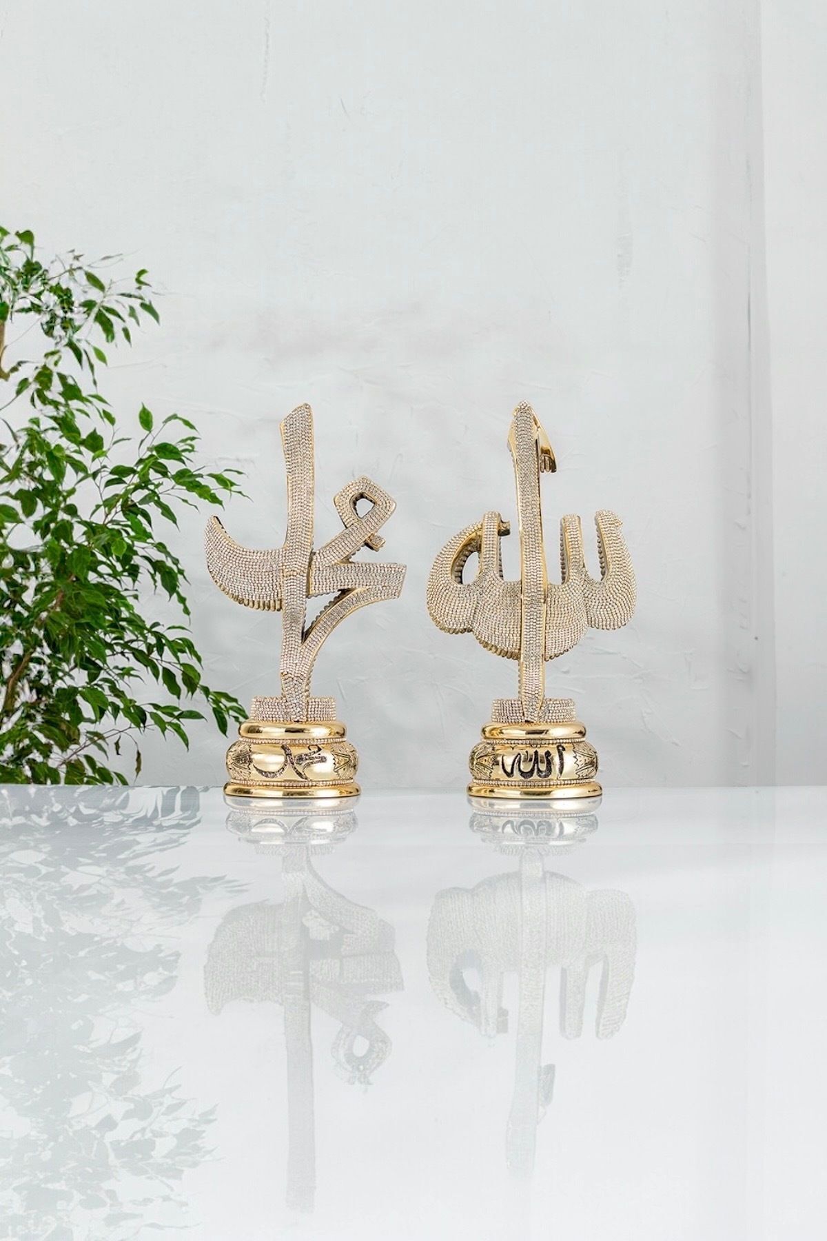 SerenityHaven Zirkon Taşlı Altın Allah (cc)/Muhammed (sav) Lafız Biblo 16*32 cm