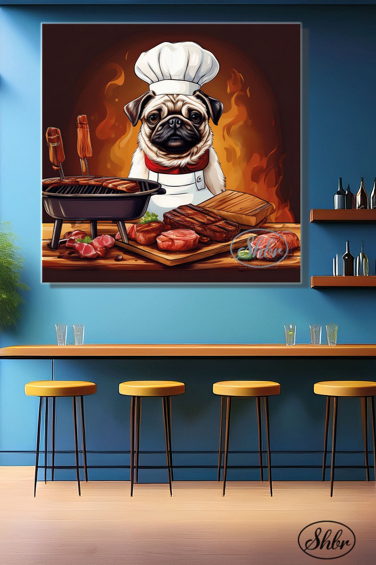 Şehber Tekli Kare Kanvas Dekoratif Duvar Tablosu , Mangal Yapan Köpek, Pug,
