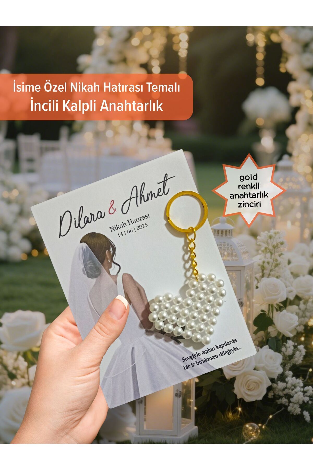 AY Masalı Kişiye Özel Nikah Hatırası İncili Kalpli Anahtarlık - 24 Adet Söz, Nişan, Kına, Nikah,Düğün Hediyesi