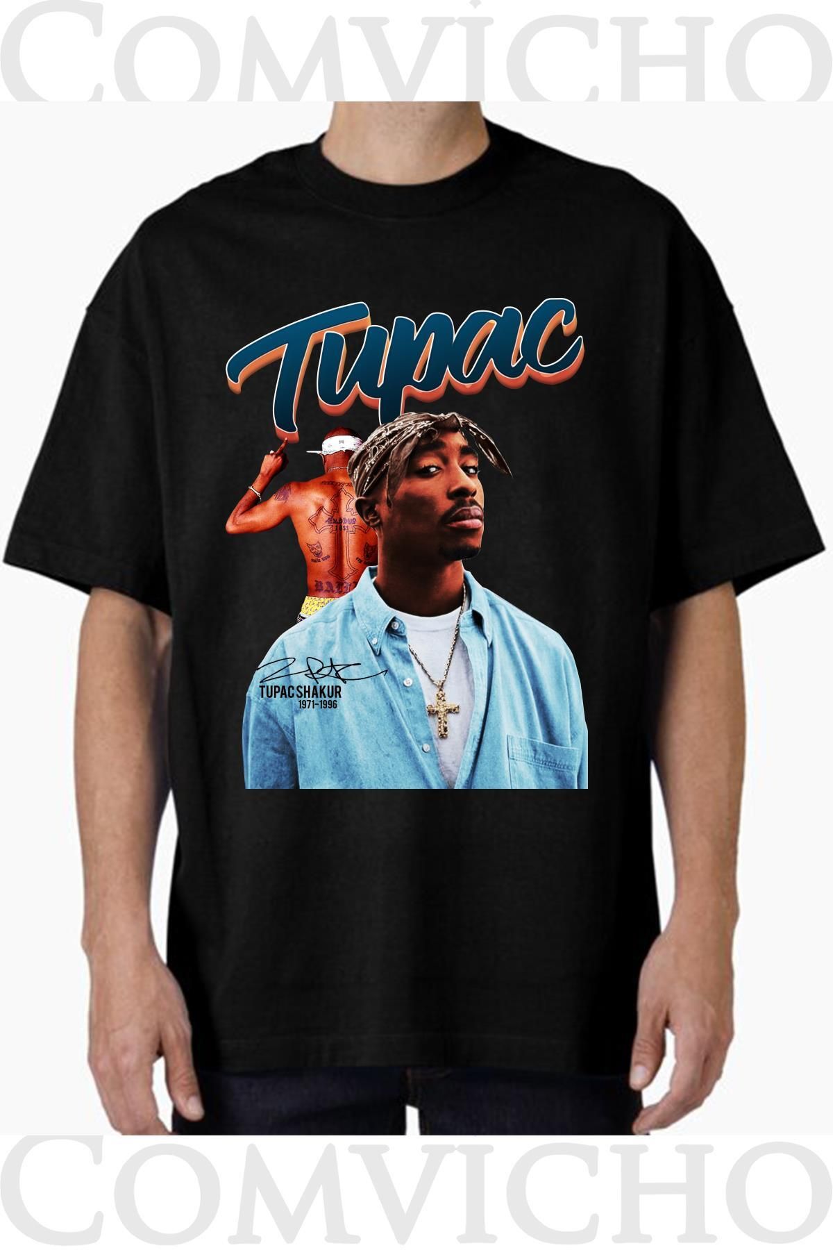 COMVİCHO Unisex tupac v14 Tasarım Baskılı Oversize Tişört