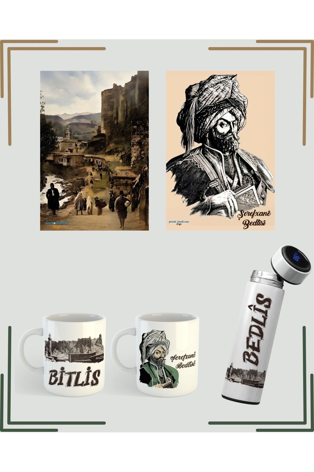ZERYA Bitlis ve Şerefxanê Bedlisi Özel Kupa Termos Defter ve Poster Seti - Bitlis Ful Set