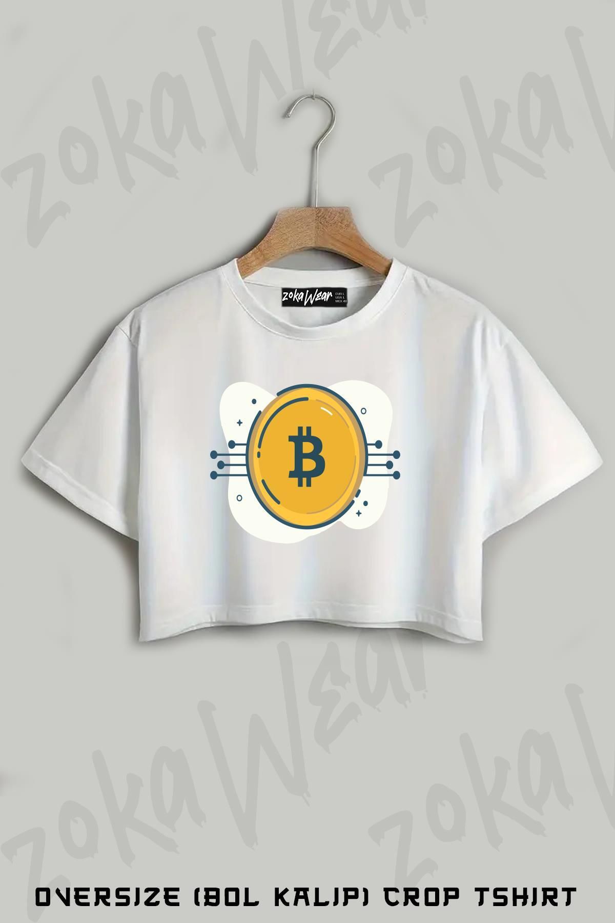 ZOKAWEAR Bitcoin Coin Kripto Para 2 Baskılı Oversize Crop T-Shirt