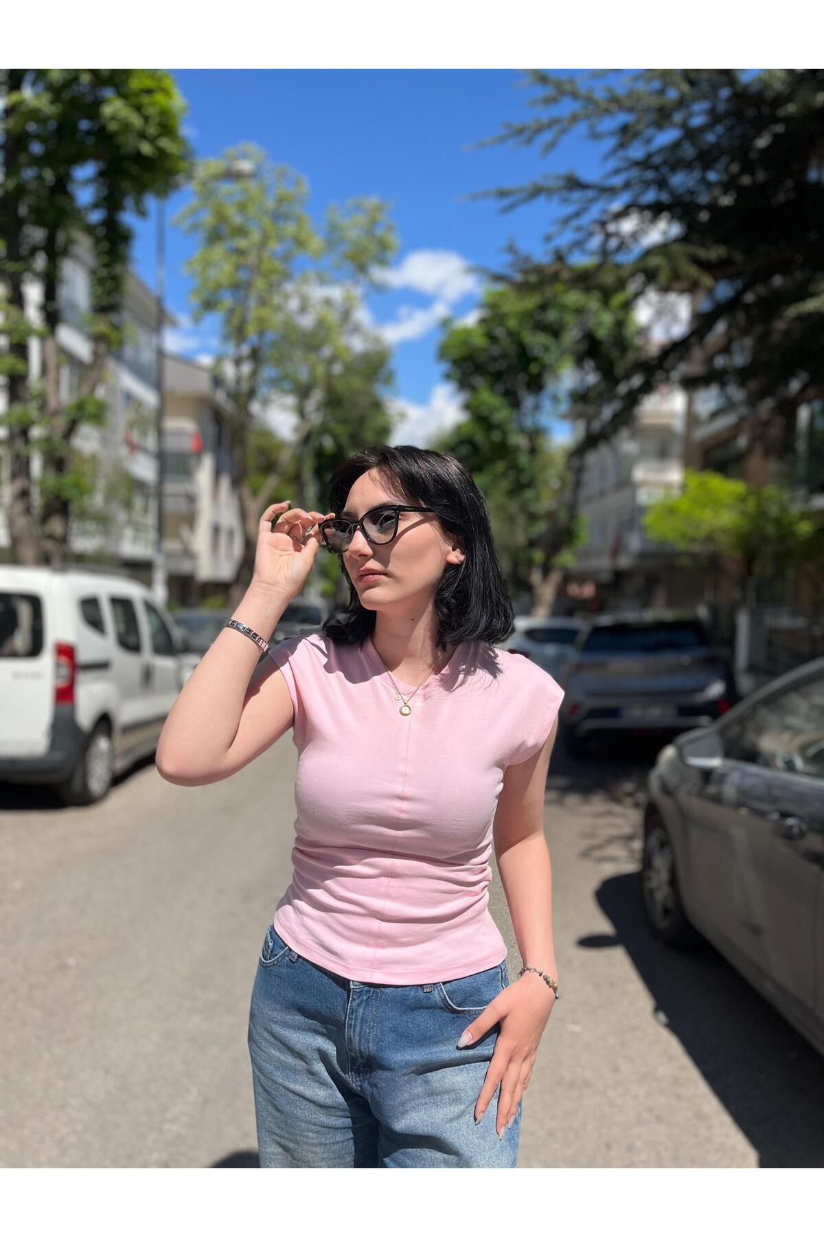 Dilvin 31875 Dikiş Detay T-shirt -Toz Pembe