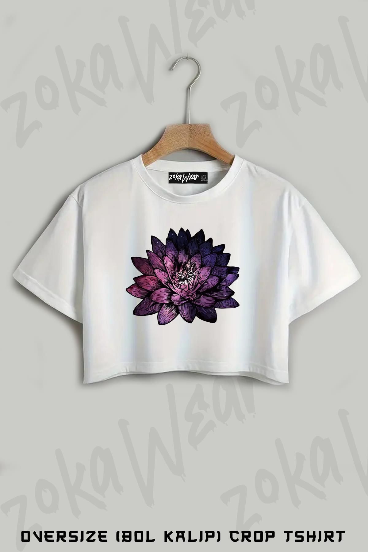 ZOKAWEAR Cosmic Flowers Lotus Baskılı Oversize Crop T-Shirt