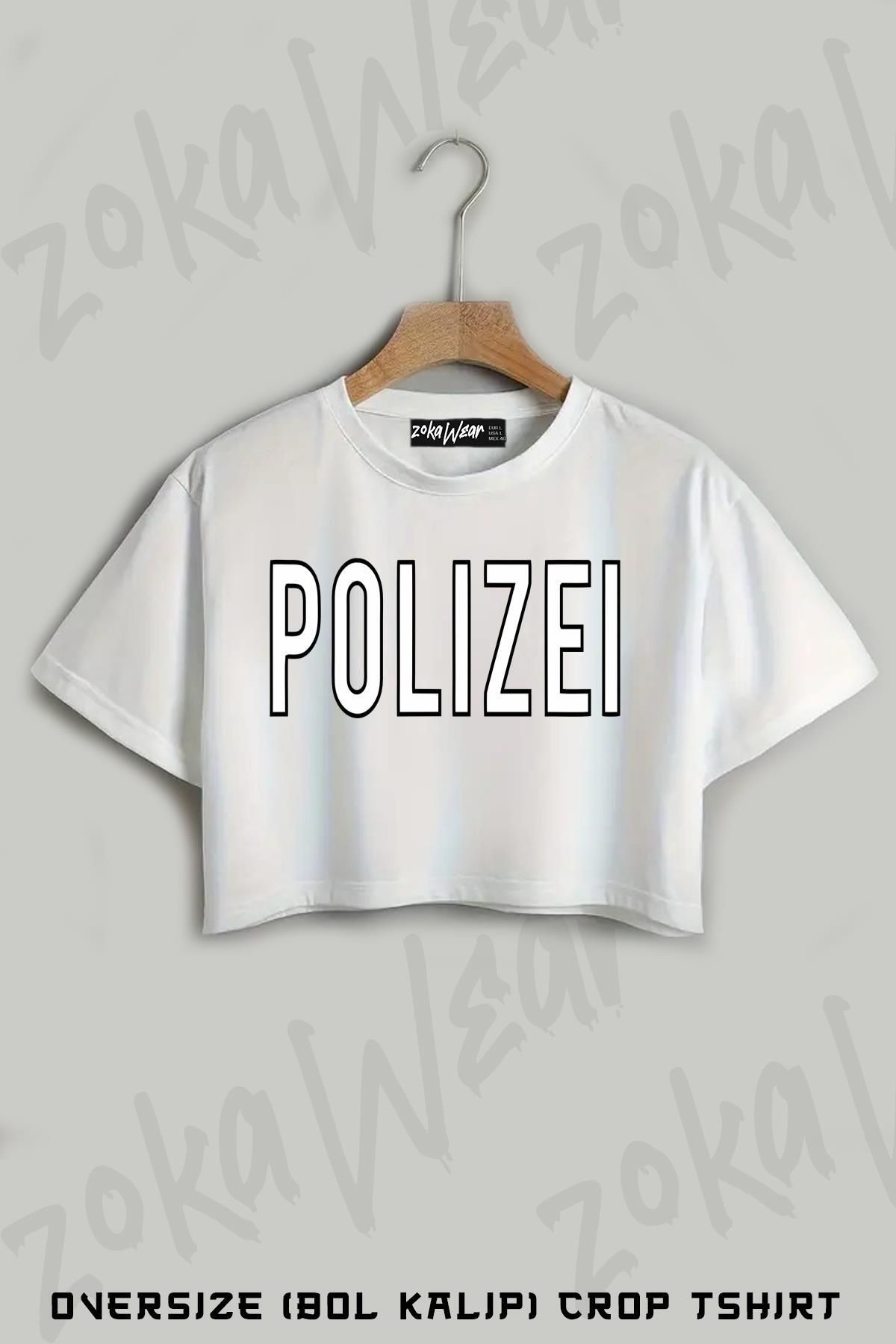 ZOKAWEAR Logo Polis Polizei Baskılı Oversize Crop T-Shirt