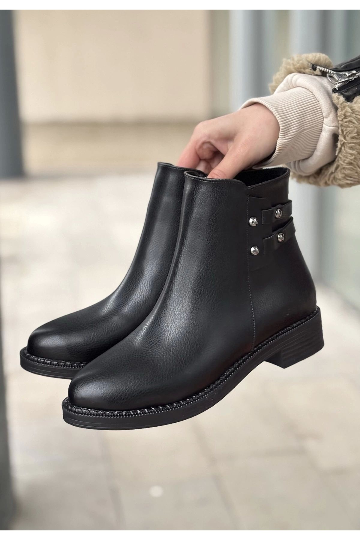 BellevieStore Siari Siyah Cilt Topuklu Bot