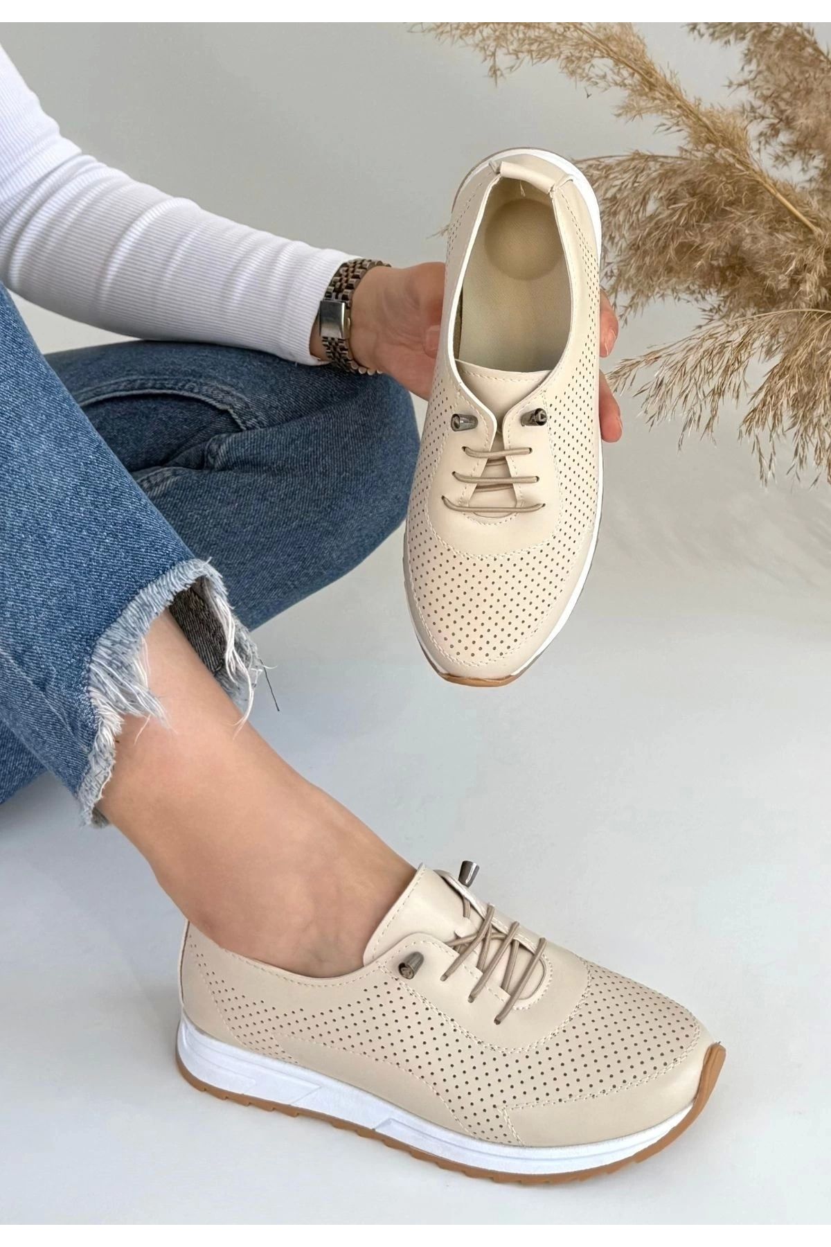 BellevieStore Tone Bej Cilt Bağcıklı Spor Ayakkabı