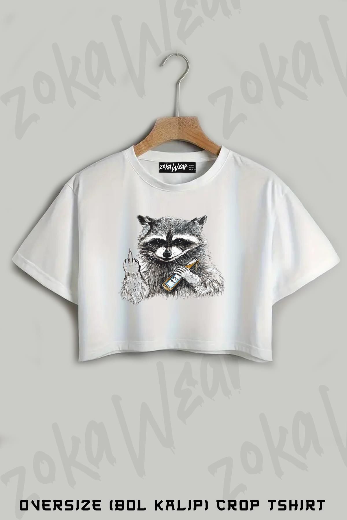 ZOKAWEAR Rakun 100 Baskılı Oversize Crop T-Shirt