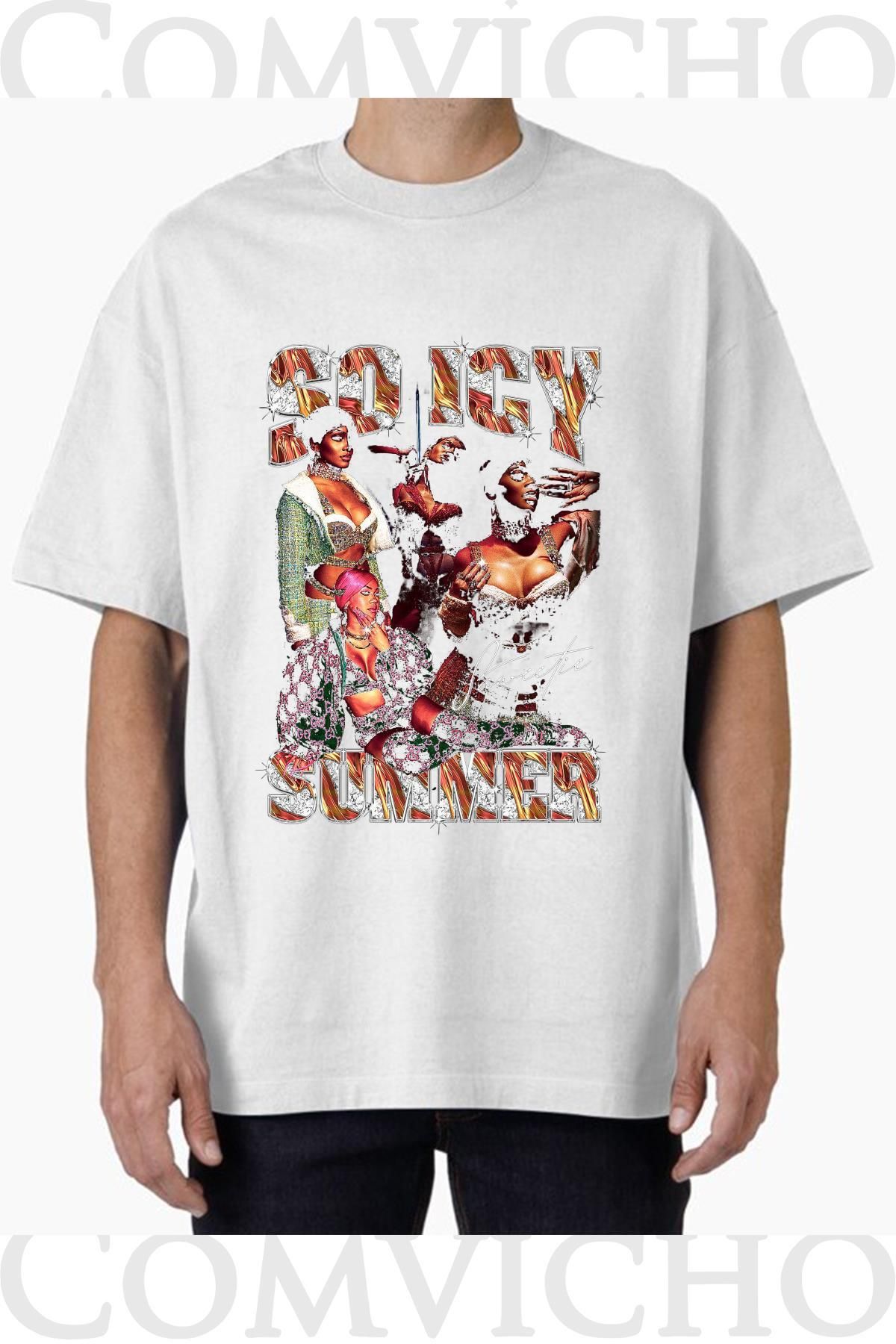 COMVİCHO Unisex so ıcy summer v1 Tasarım Baskılı Oversize Tişört