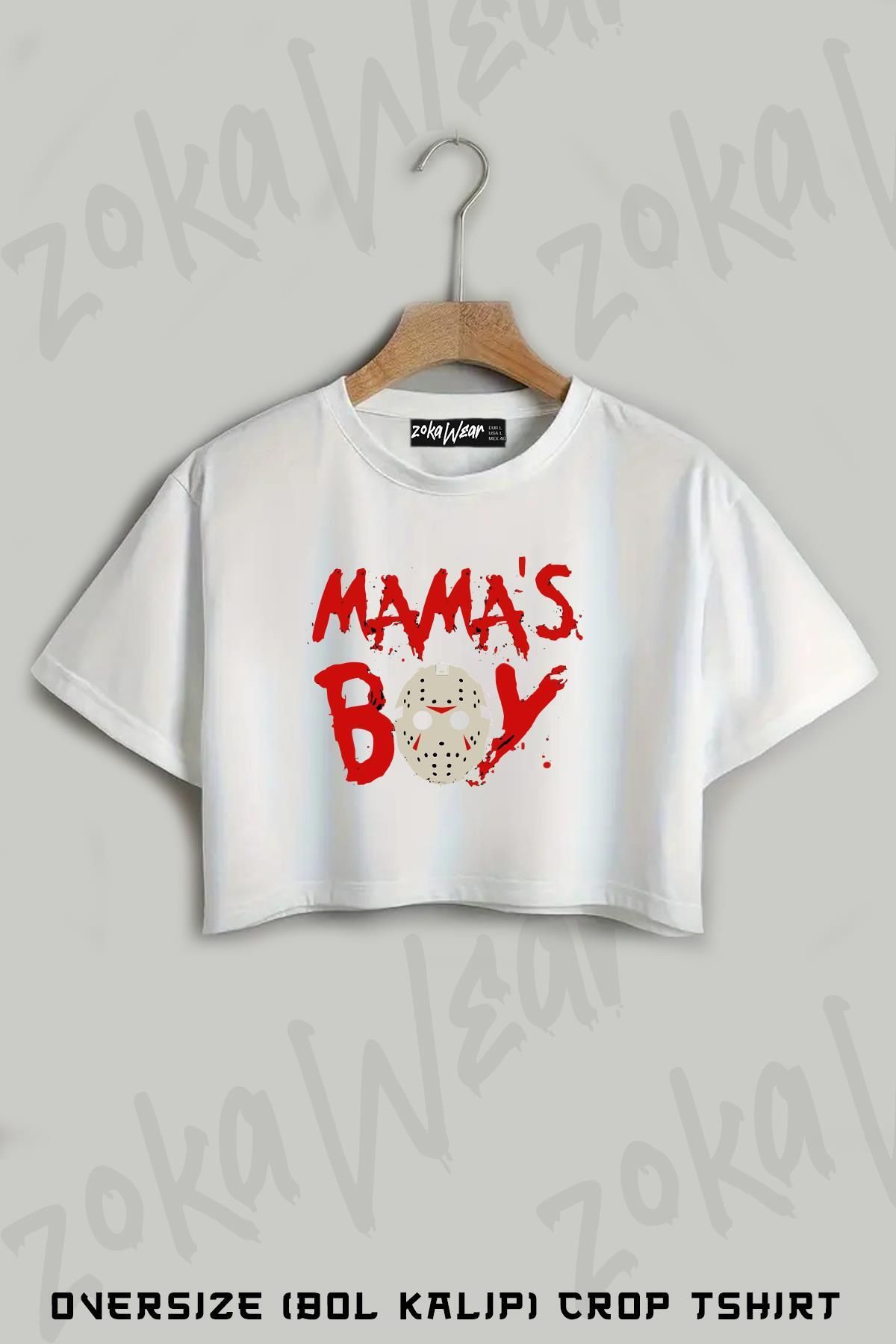 ZOKAWEAR Mama's Boy Baskılı Oversize Crop T-Shirt