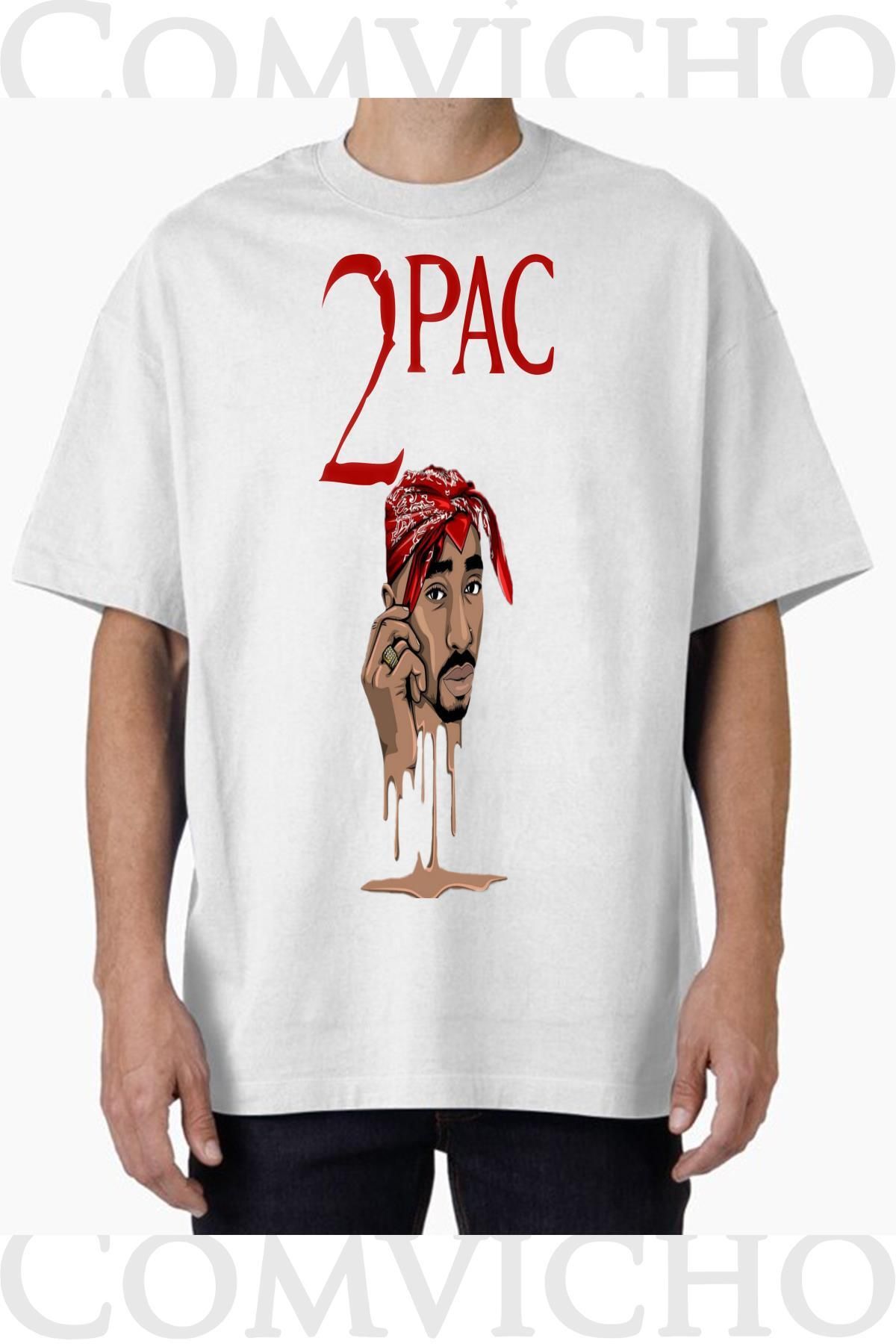 COMVİCHO Unisex tupac v25 Tasarım Baskılı Oversize Tişört